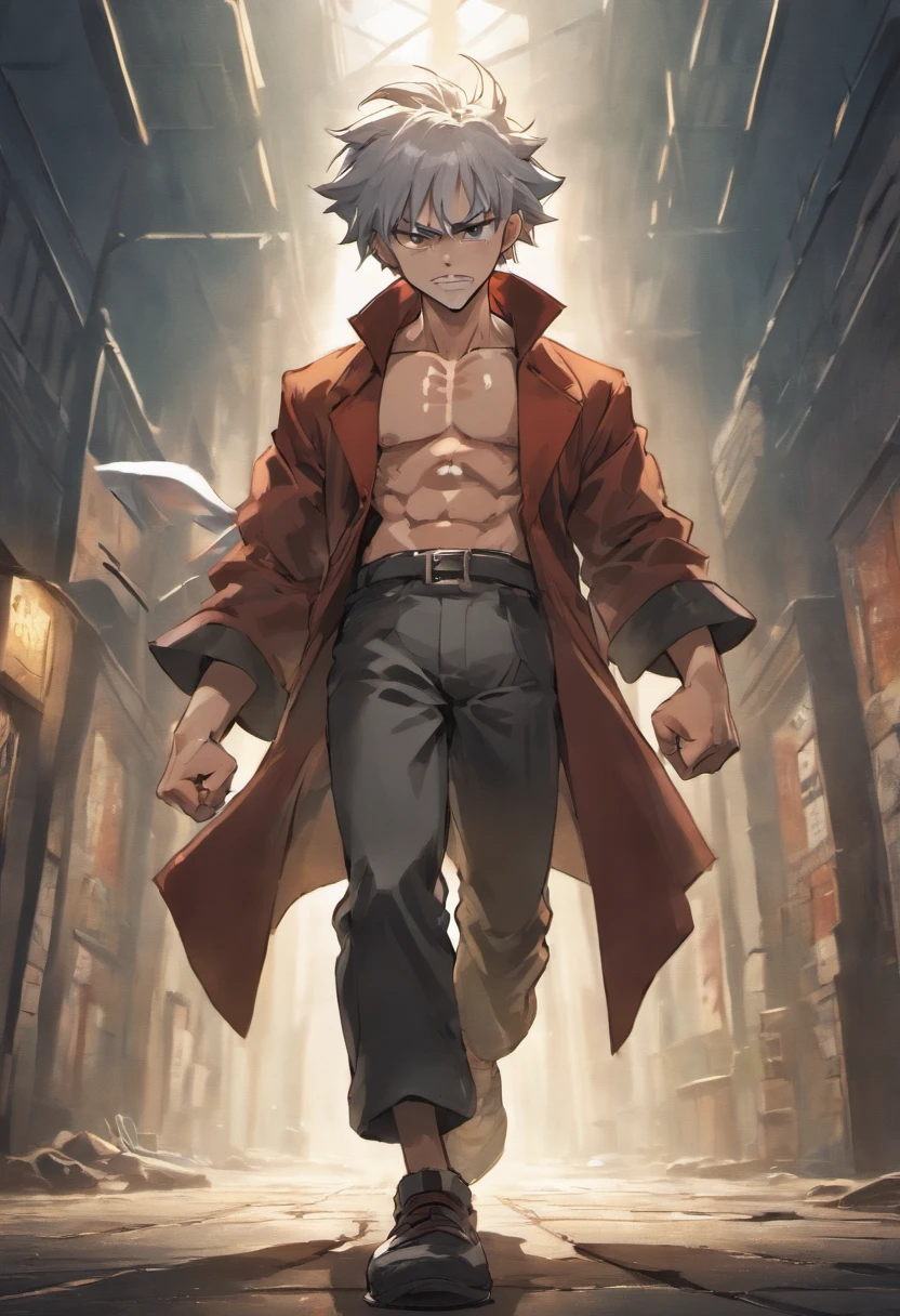 A strong very short gnome in dirty handmade sleeveless trenchcoat and his prized scarecrow's wide brimmed hat, shirtless with bandages around his abdomin, ripped clothes, walking on the streets ancient kingdom at night, tattered black pants, brandishing a bo staff made of wood thats taller then him, he is obviously a street thug looking for a fight, his hair was gray, he had a short beard, gray hair, toned martial artist muscles, he his bearing his teeth in a aggressive manner, Ultra high resolution, ray tracing, volumetric light and shadow, super high resolution, rich background, episodic, action scene, anime style, sterotypical high school thug look,
