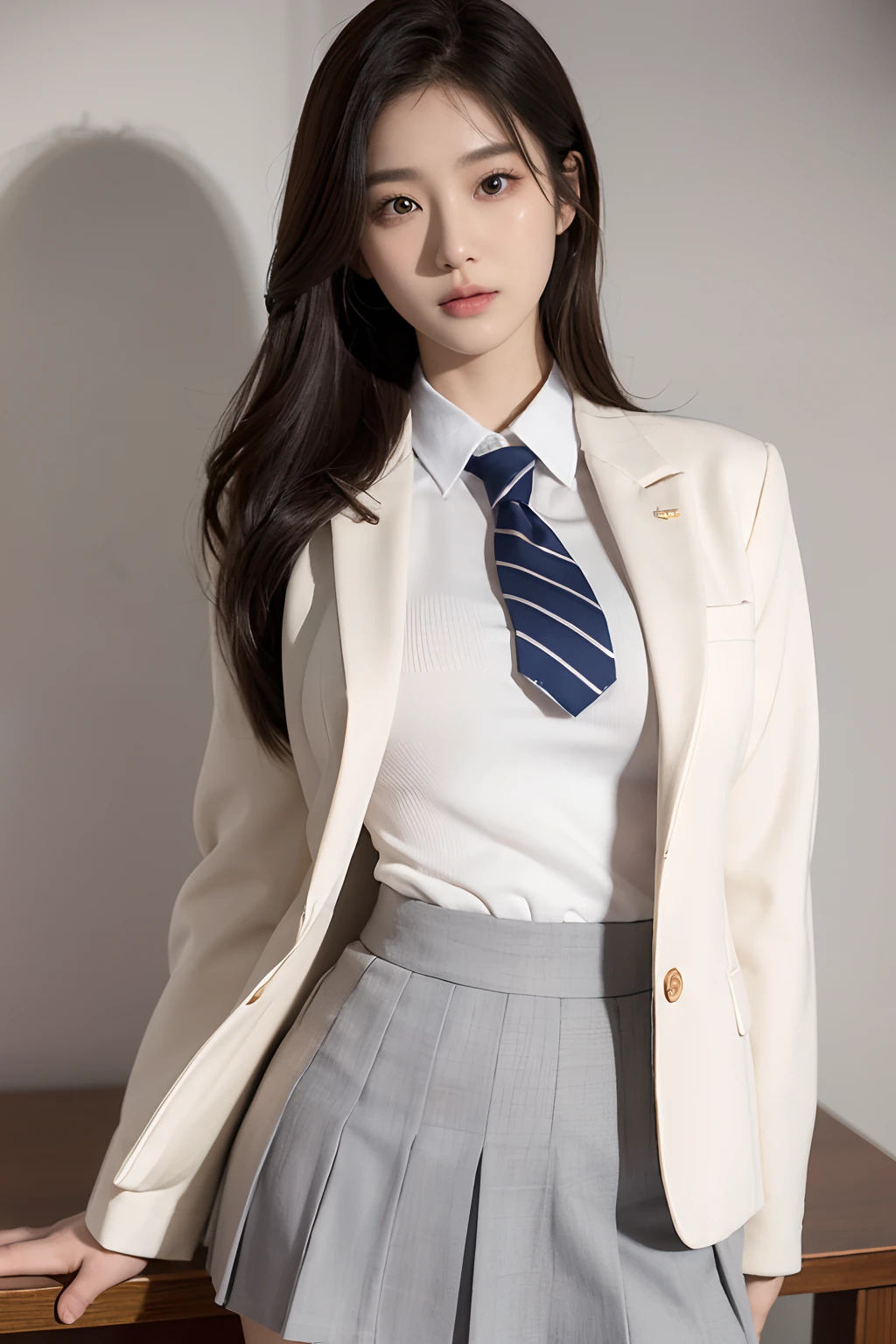 A Korean girl walks through school,schools,White wall,Gray table, (((tmasterpiece))), ((best qualtiy)), ((intricately details)), ((ultra-realistic realism)), Ridiculous res, A MILF, Mature woman, ssee-through, highly detailed, illustratio, 1girll, ((Large breasts)), perfect hand, detailed finger, Beautiful detailed eyes, long whitr hair, with brown eye, name badge, vd, (Korean school clothing:1.2), School blazer, School shirts, a skirt, Long school tie, 耳Nipple Ring, detailedbackground, Bedrooms, perfect eyes, Seductive eye, looking at viewert, From the front