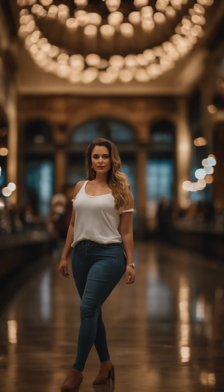 (best quality, 8k, 32 mil., obra-prima, UHD: 1.2), Foto de mulher branca loira bonita, Peitos grandes, parte superior do corpo, Gesichtsfokus, Camisa, Colar, Plano de fundo simples, De cima, Olhando para o espectador, Grande centro comercial, Carregue sacolas de compras, ultra realista,