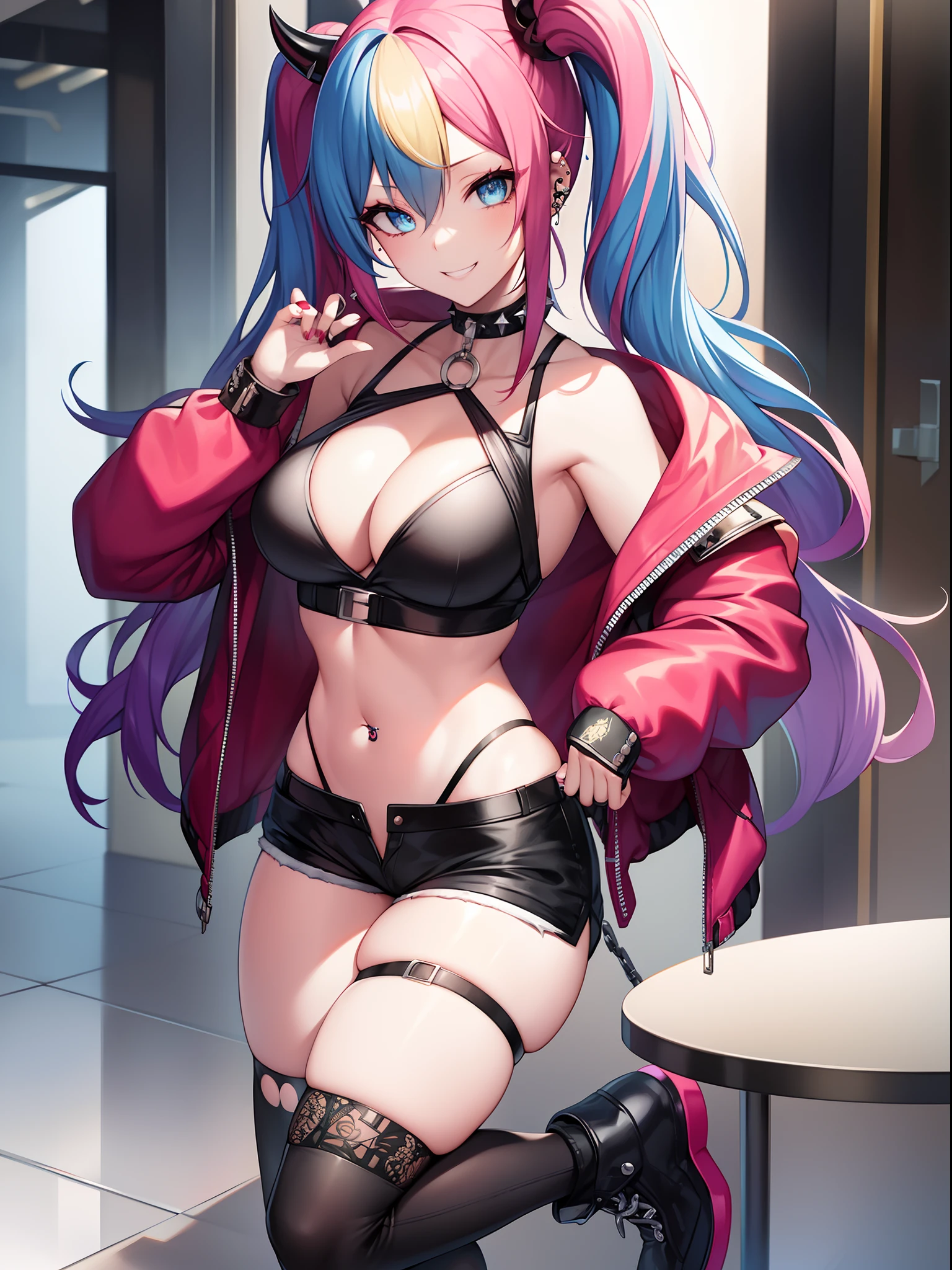 Harley Quinn, Harley Quinn, Bangs, Blue eyes, Blonde hair, Twin-tailed, Blue hair, multicolored hair, Choker, Gradient Hair, makeup, Piercing, Pink hair, Lips, lip stick, Red lips, Smile, grin,
Breaking thighs, gloves, Navel, cleavage, Jewelry, Jacket, Open your clothes, Shorts, Black Gloves, Midriff, black thighhighs, Fingerless gloves, Collar, Bracelet, Open jacket, Black jacket, croptop, Torn clothes, Short shorts, The tattoo, chain, spikes, Cropped jacket, spiked bracelet, spiked collar, Micro shorts, multicolored jacket,
BREAK looking at viewer, Full body,
BREAK outdoors,
BREAK (masutepiece:1.2), Best Quality, High resolution, Unity 8k壁纸, (Illustration:0.8), (Beautiful detailed eyes:1.6), extra detailed face, Perfect Lighting, extremely details CG, (Perfect hands, Perfect Anatomy),