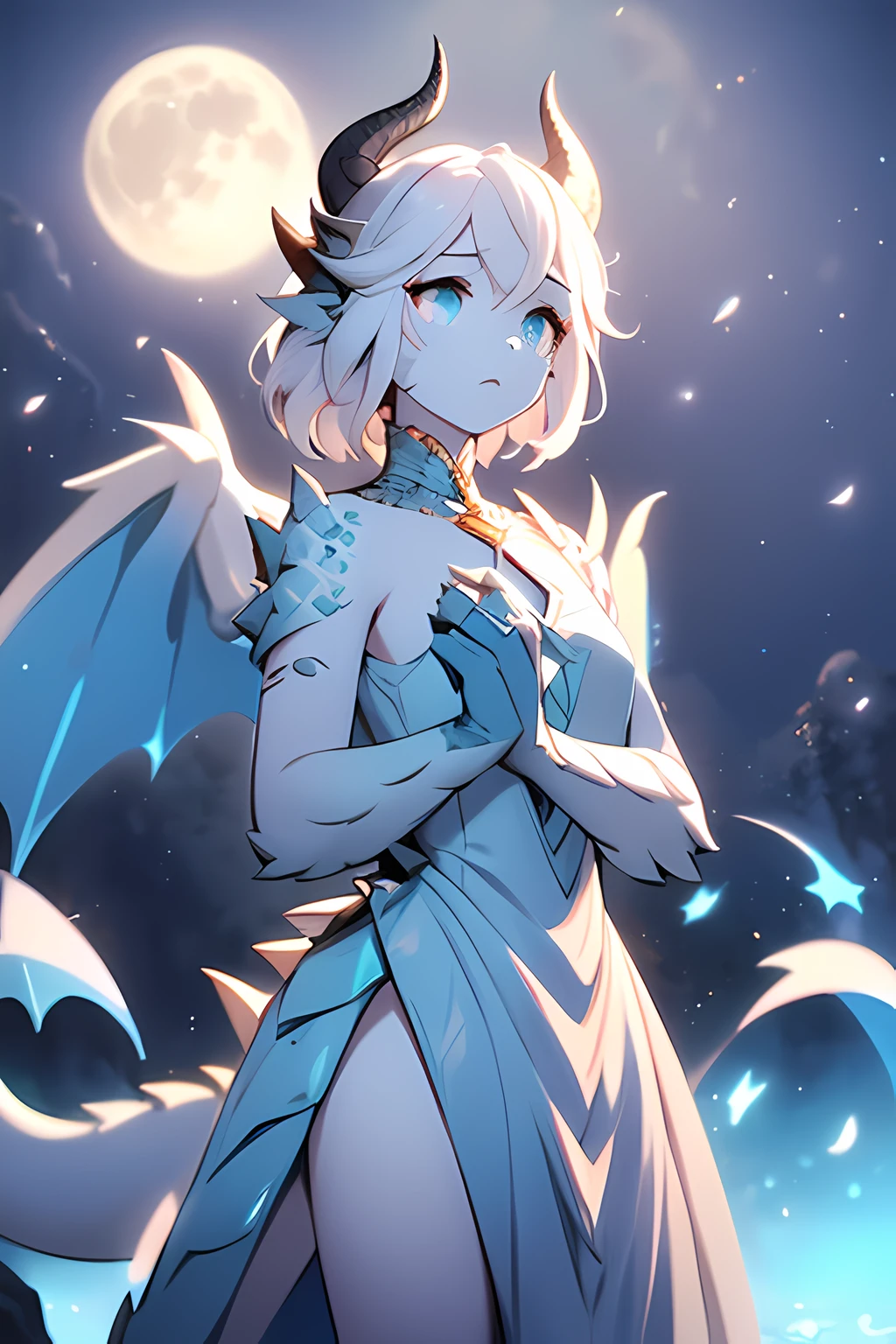 1girl, highly detailed, glowing blue eyes, wavy short white hair, demure ornate dress, masterpiece, pale blue scales, lots of pale blue scales on face, angel wings, medium chest, dragon horns, slender clawed hands, under the moon, slender, weredragon