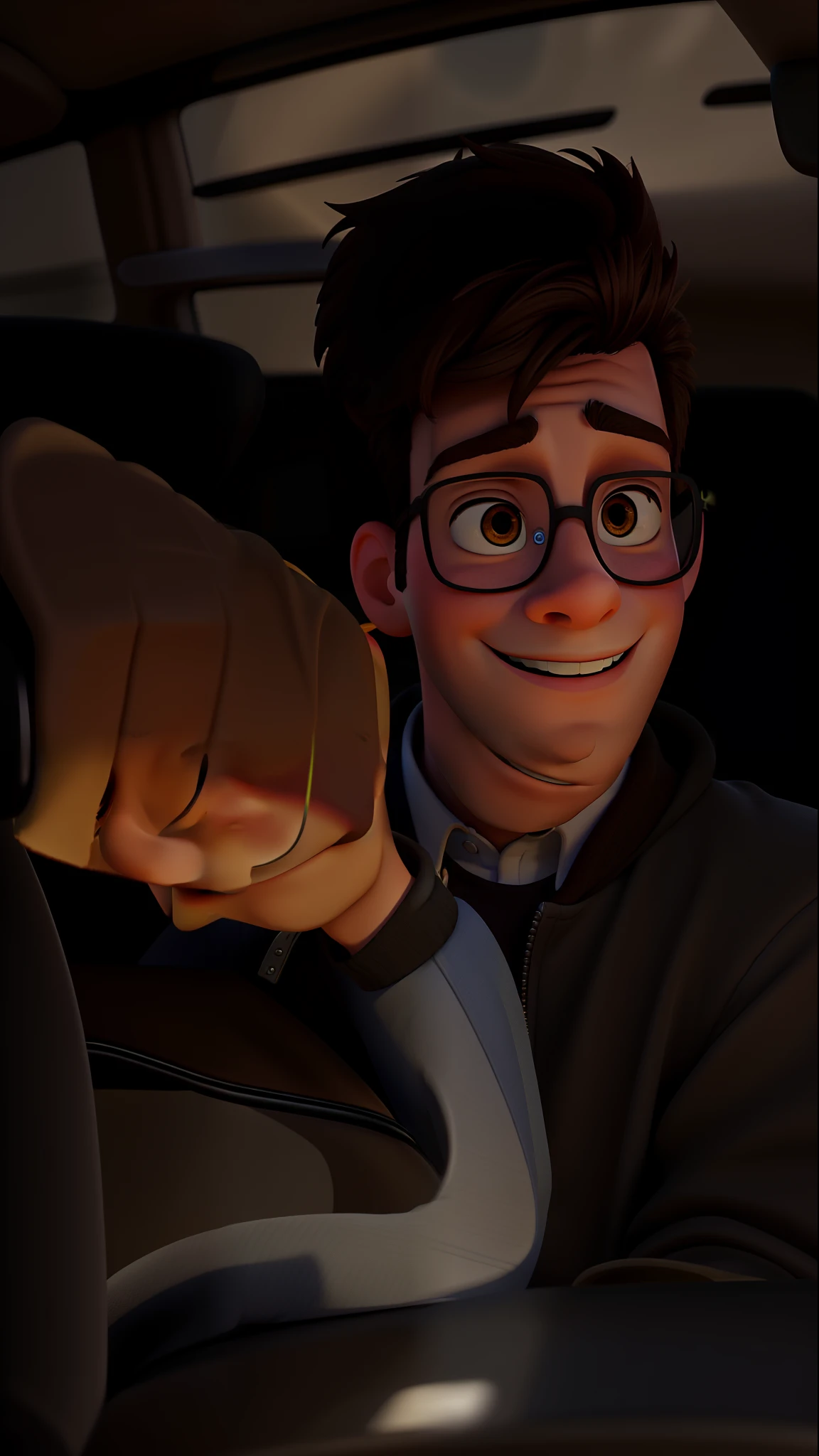 An young man in the car, Disney pixar style, high quality, best quality