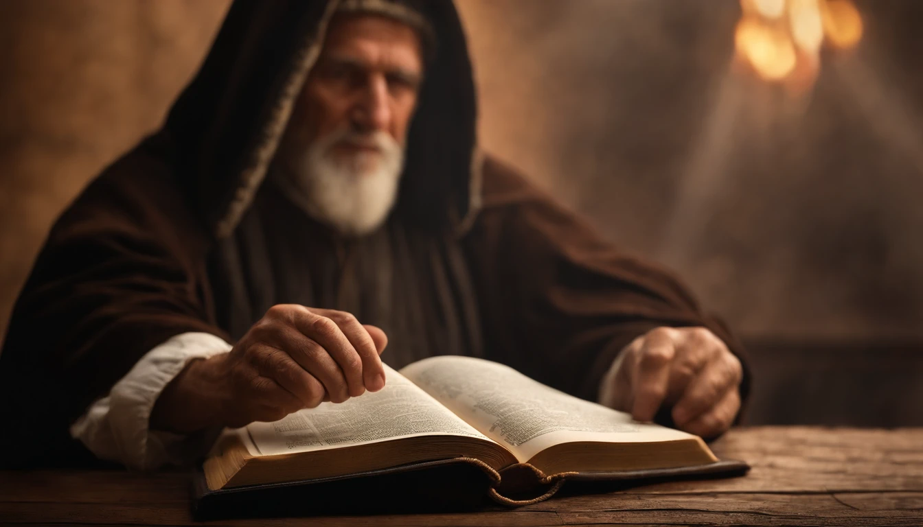 (Biblical times) Old man of the time of Jesus Christ,Holding a Bible in my hand from which revelations come, profundidade de campos, Bokeh, Realismo de Hentail, fotorrealista, realismo ultrarrealista, Fotografado profissional, 8K UHD , Digital SLR, HDR , Primary tablet, melhor qualidade, filme granular, pinturas fotorrealistas, Fujifilm XT3