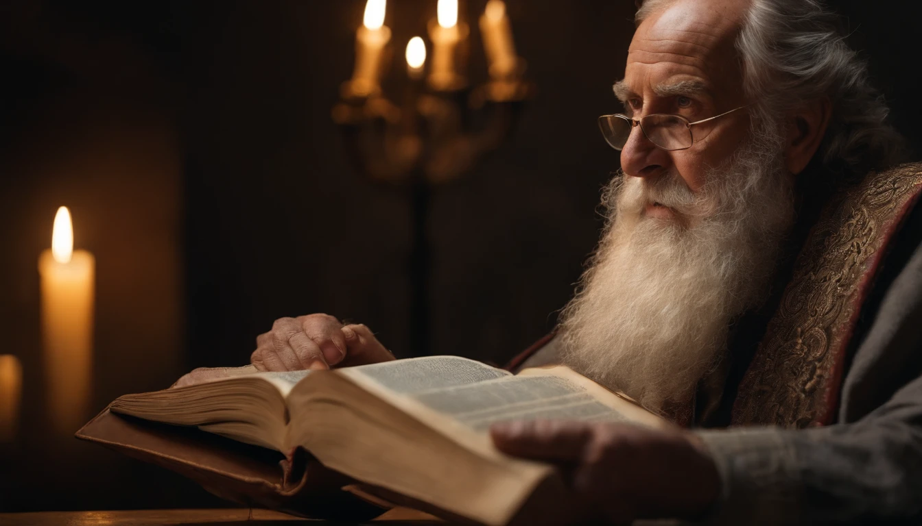 (Biblical times) Old man of the time of Jesus Christ，Holding a Bible in my hand from which revelations come, profundidade de campos, Bokeh, Realismo de Hentail, fotorrealista, realismo ultrarrealista, Fotografado profissional, 8K UHD , Digital SLR, HDR , Primary tablet, melhor qualidade, filme granular, pinturas fotorrealistas, Fujifilm XT3