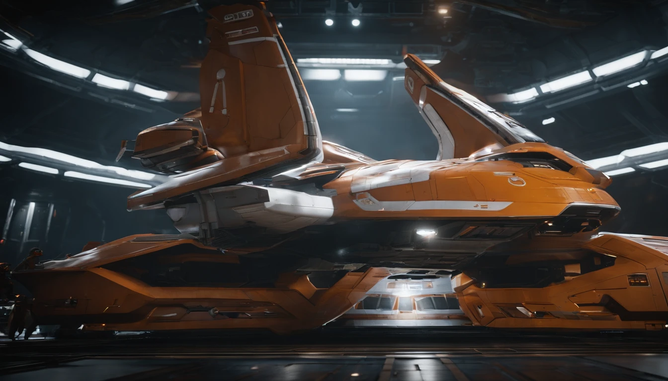 Star Citizen Ship maintenance, orange and white themed ship, colossal ship