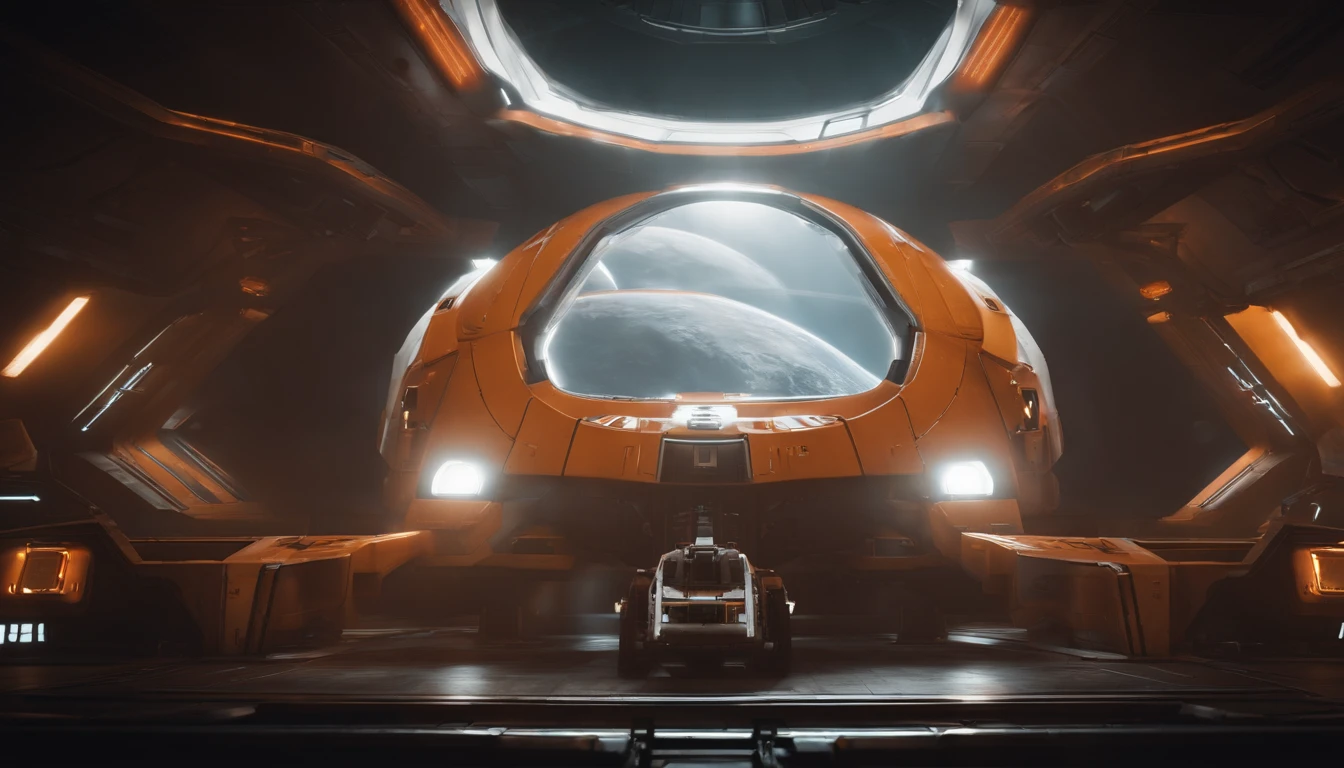 Star Citizen Ship maintenance, orange and white themed ship, colossal ship