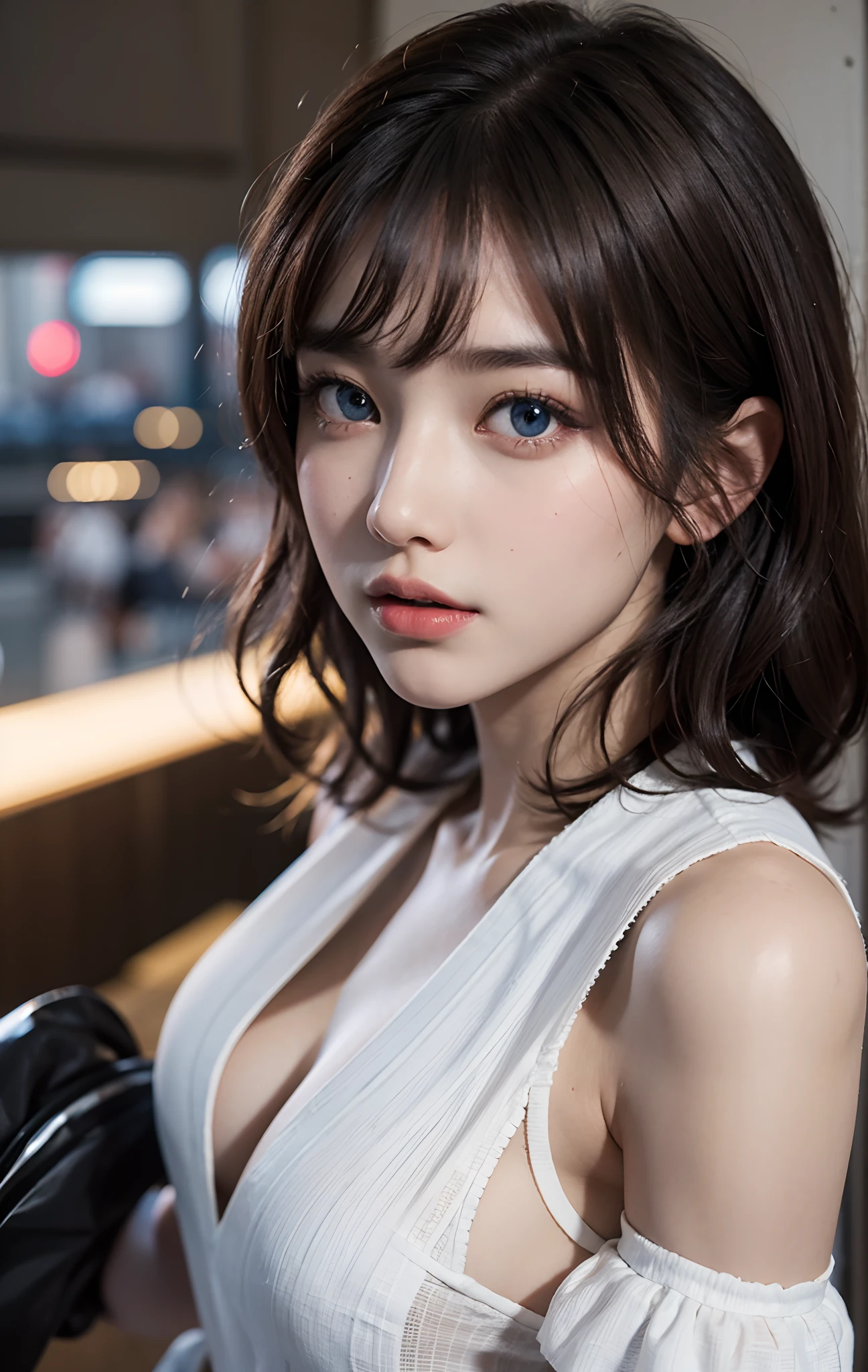 ((Girls at idle level)), ​masterpiece, The highest image quality, ultra-detailliert, (perfectbody:1.3), (Perfect face+dishevled hair+short curled hair), Close up of, Viewer's Perspective, She bent and lowered her body to match the gaze of the audience。detailed hairs,ssmile、Detailed eyes(realisticeyes),profetional lighting,Beautiful breasts,(Blue Eye),Tight black suit,white  shirt,((dark brown hair)),(The background is a Halloween party)