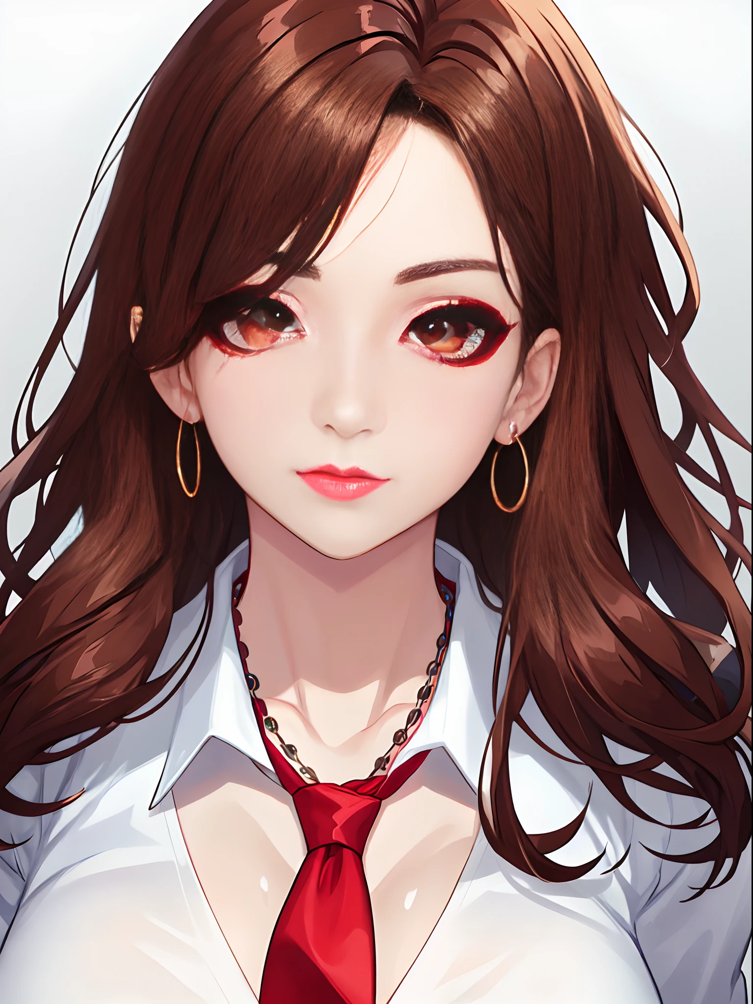 there is a woman with a tie and a necklace on, light makeup, with professional makeup, sexy face with full makeup, wearing professional makeup, face with artgram, light make up, brown eyes with red eye markers, with round face, fiery red watery eyes, light makeup focus, asymmetrical face, korean symmetrical face, neutral face, brown watery eyes
