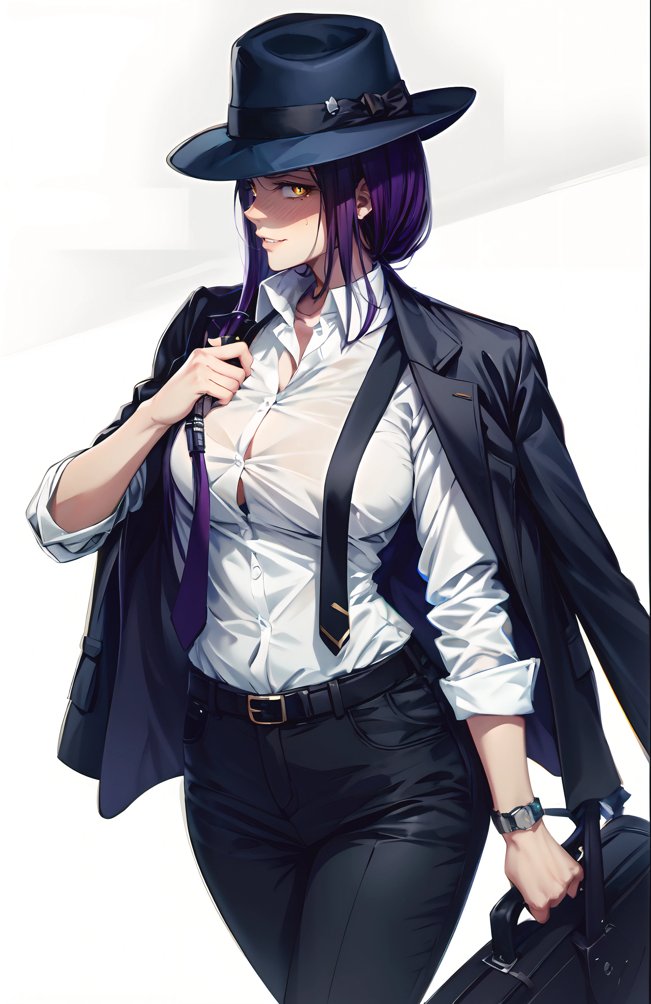 wristwatch, jacket_on_shoulders, watch, pants, striped, shirt, black_pants, hat, white_shirt, 1girl, black_hair, striped_background, jacket, collared_shirt, vertical_stripes, solo, black_jacket, formal, necktie, gun, suit, holding, holding_gun, short_hair, cane, brown_eyes, belt, holding_weapon, dress_shirt, ring, bangs, cowboy_shot, glow effects, godrays, Hand drawn, render, 8k, octane render, cinema 4d, blender, dark, atmospheric 4k ultra detailed, cinematic, Sharp focus, big depth of field, Masterpiece, colors, 3d octane render, 4k, concept art, trending on artstation, hyperrealistic, Vivid colors, extremely detailed CG unity 8k wallpaper, trending on CGSociety, Intricate, High Detail, dramatic, anime coloring, anime screencap,