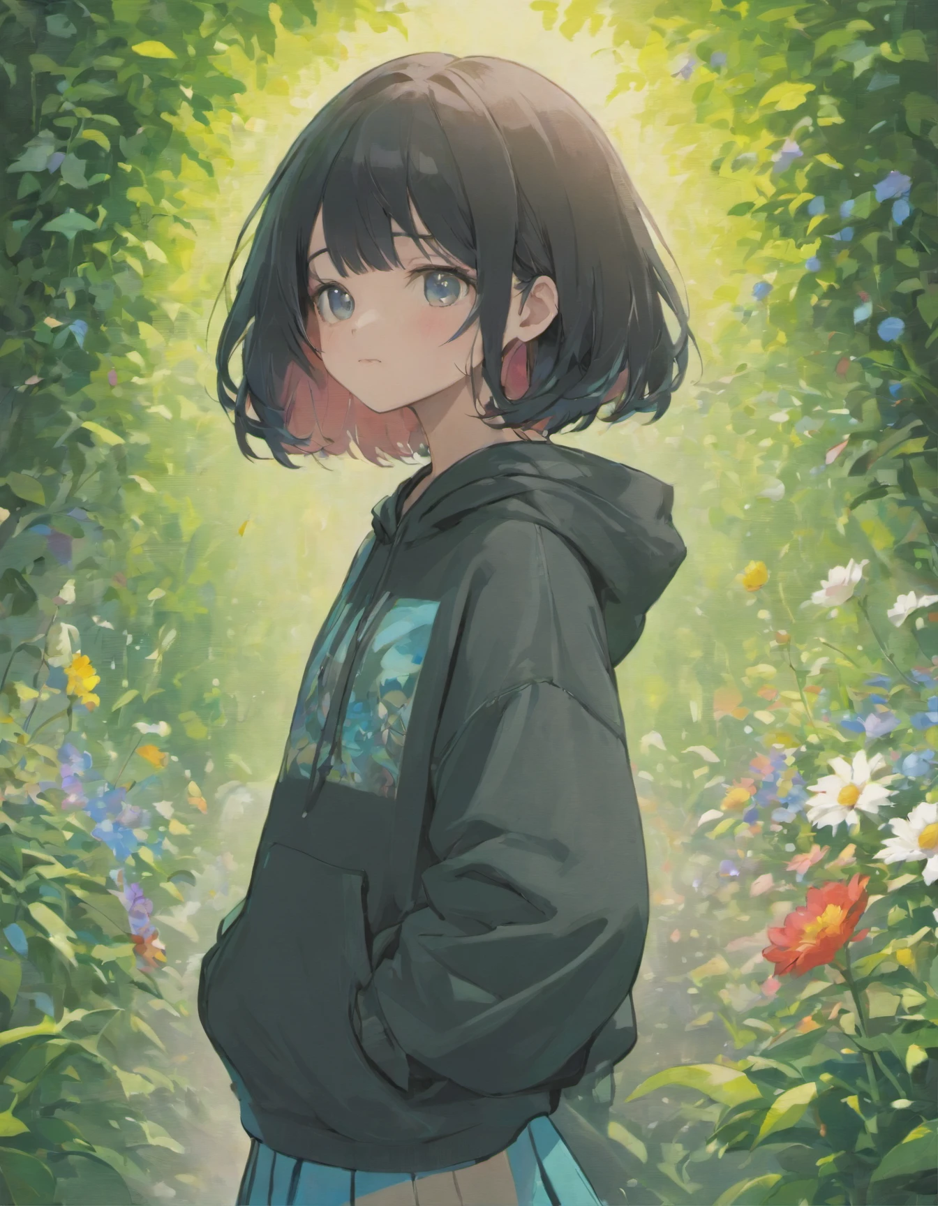 A short girl with short black hair wearing a black hoodie and a long blue skirt, (best quality,4k,8k,highres,masterpiece:1.2) ultra-detailed, realistic:1.37, (vivid colors), (portrait:1.1), (beautiful detailed eyes, beautiful detailed lips, extremely detailed eyes and face), (soft smile), (sparkling eyes), (age girl), (standing in a garden), surrounded by colorful flowers in full bloom. The garden is filled with sunlight, creating a warm and inviting atmosphere. The girl's hoodie is made of a soft fabric that adds texture to the image. The skirt flows gracefully around her as she walks, giving a sense of movement. Her short black hair is neatly styled and frames her face, accentuating her delicate features. The black hoodie contrasts with the blue skirt, creating a visually striking color combination. The colors in the image are vibrant and saturated, further enhancing the visual impact. With the high resolution and detail, every aspect of the girl and the garden is captured with precision, creating a masterpiece of art.