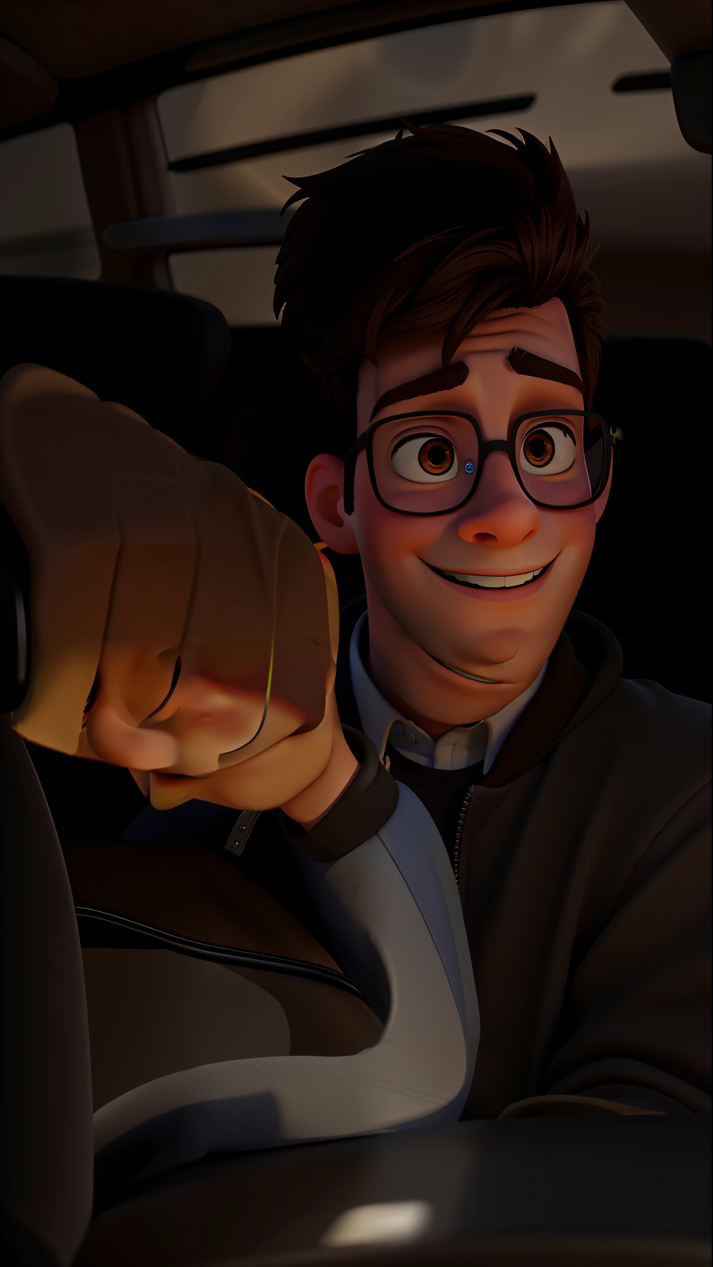An young man in the car, Disney pixar style, high quality, best quality