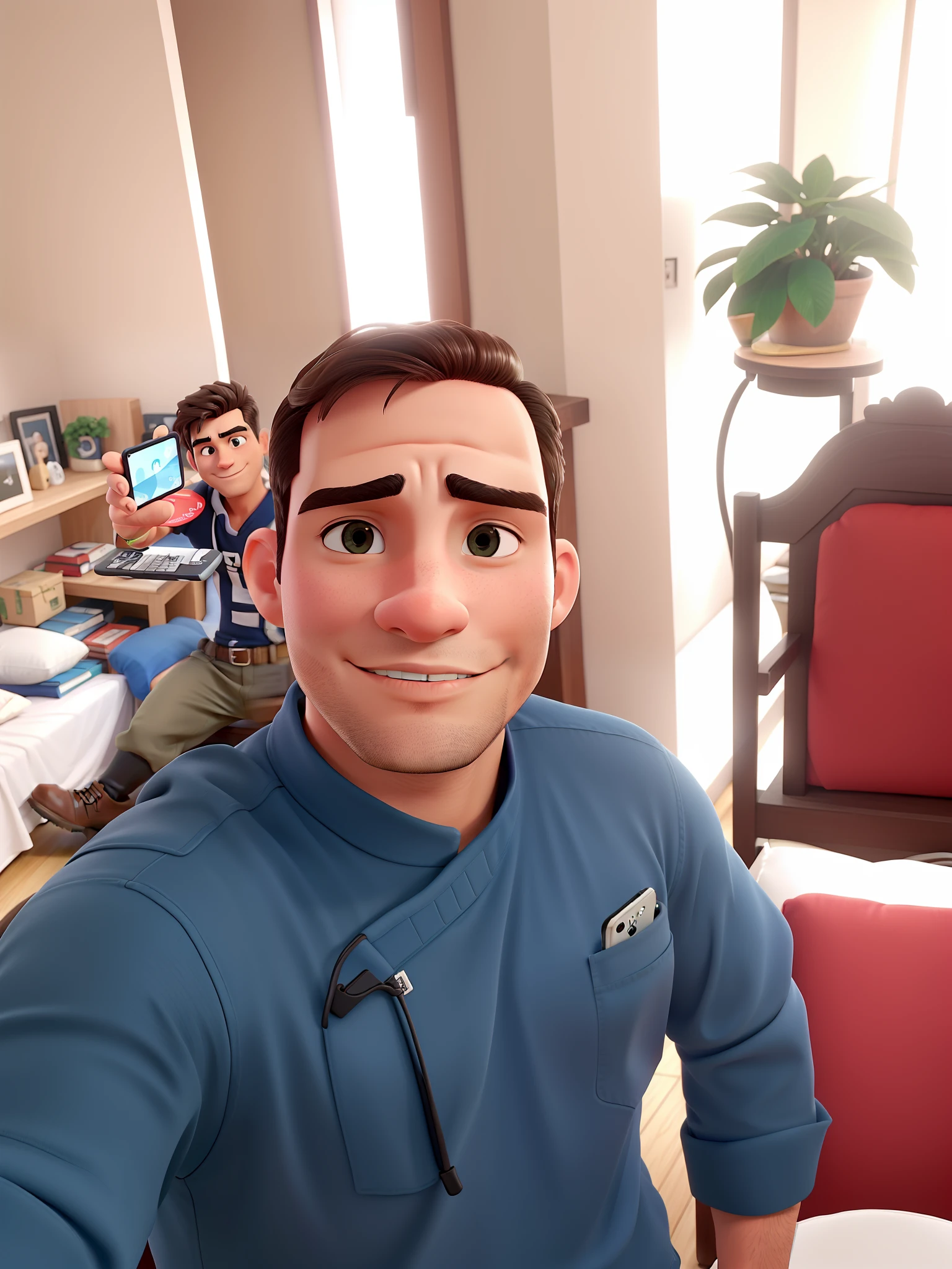 Um homem forte, bonito, segurando um celular e tirando uma selfie