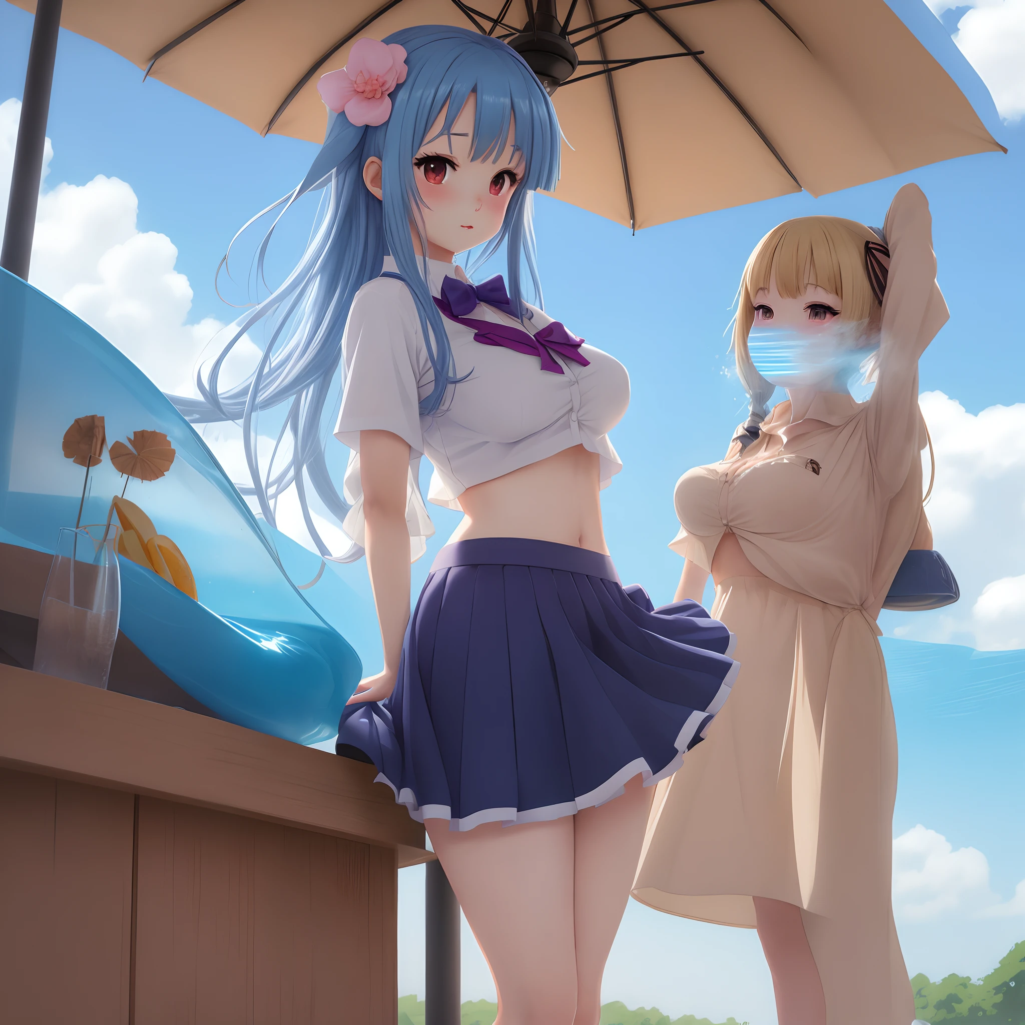 Anime girl cooling off under her skirt with fan