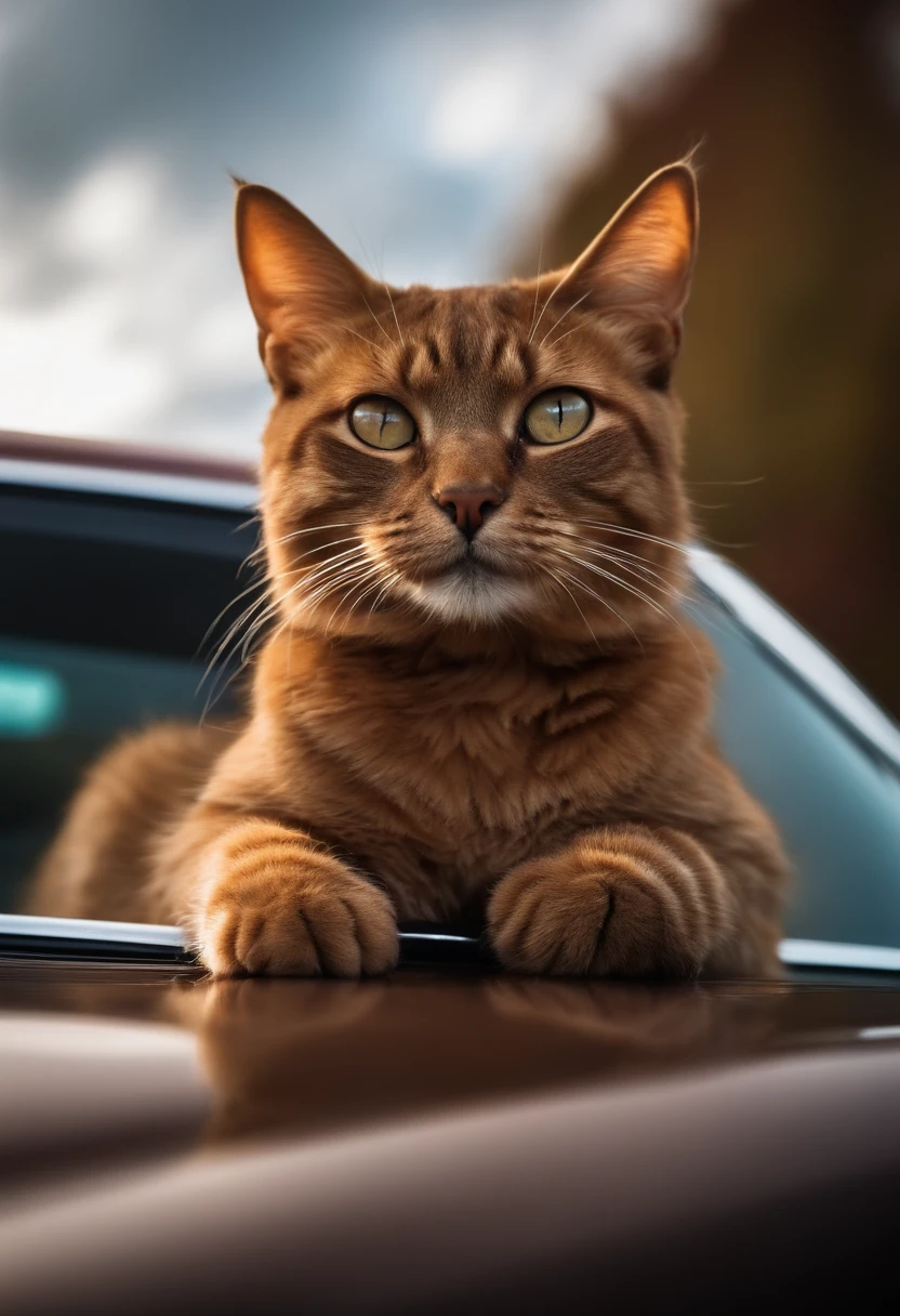 Brown cat looking in to the sky on top of a car