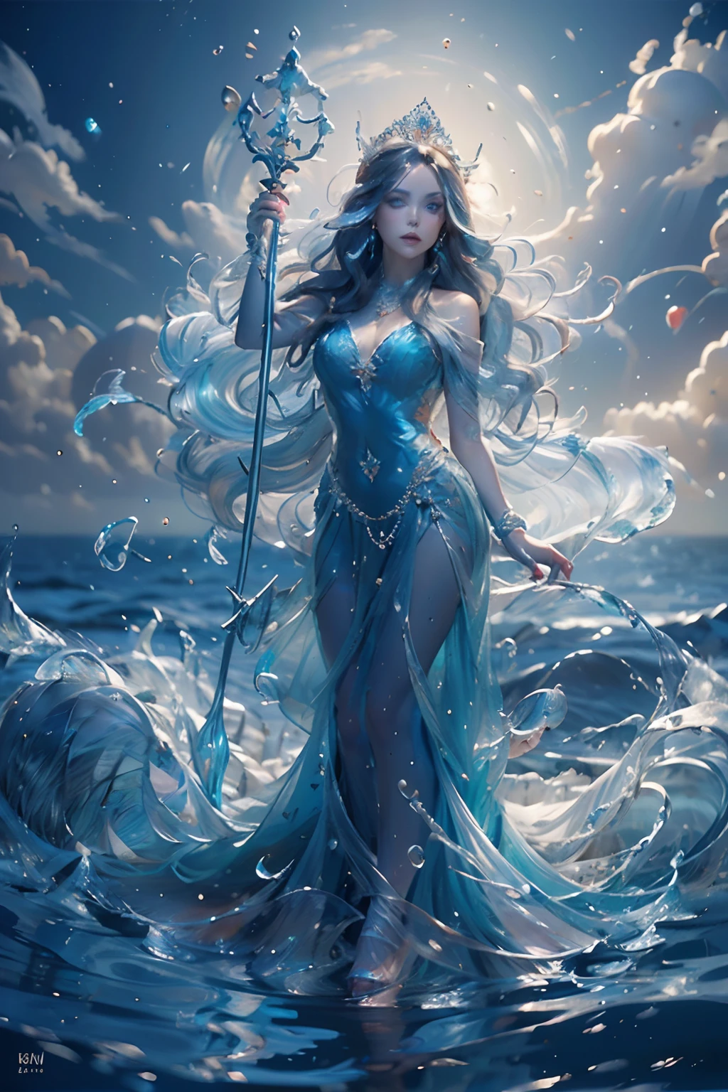 "(masterpiece: 1.2), 8K UHD resolution, Water Goddess, standing ethereal amidst a vast shimmering ocean. Her silhouette merges with cascading waterfalls and fluid streams. Wearing a detailed crown adorned with pearls, and a gown as translucent as liquid silk embellished with sea jewels and corals. In her hand, she holds a trident, a symbol of her dominion over the seas. Her intense, glowing blue eyes capture the essence of the ocean, radiating an inner luminescence that beckons the mysteries of the deep."