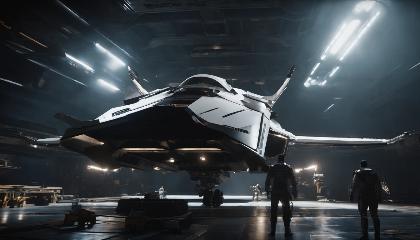 Star Citizen Ship maintenance, white and black themed ship, colossal ship, star fighters,