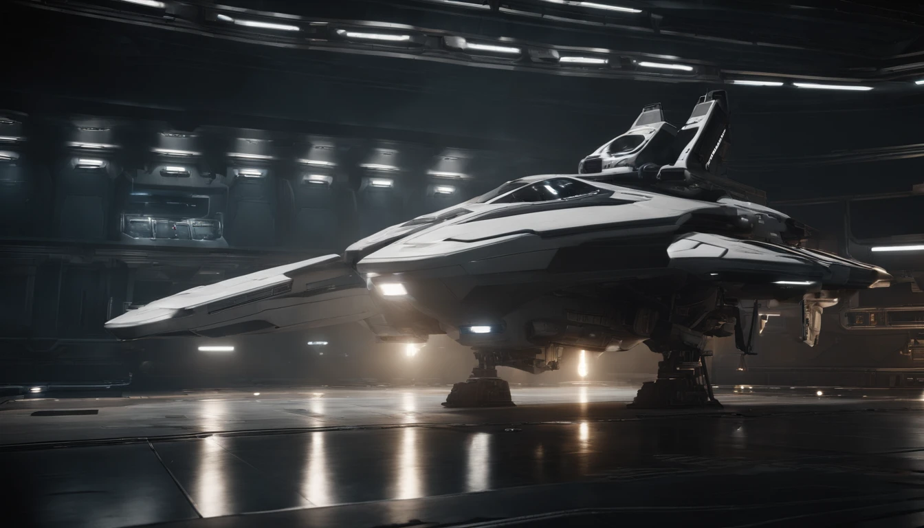 Star Citizen Ship maintenance, white and black themed ship, colossal ship, star fighters,