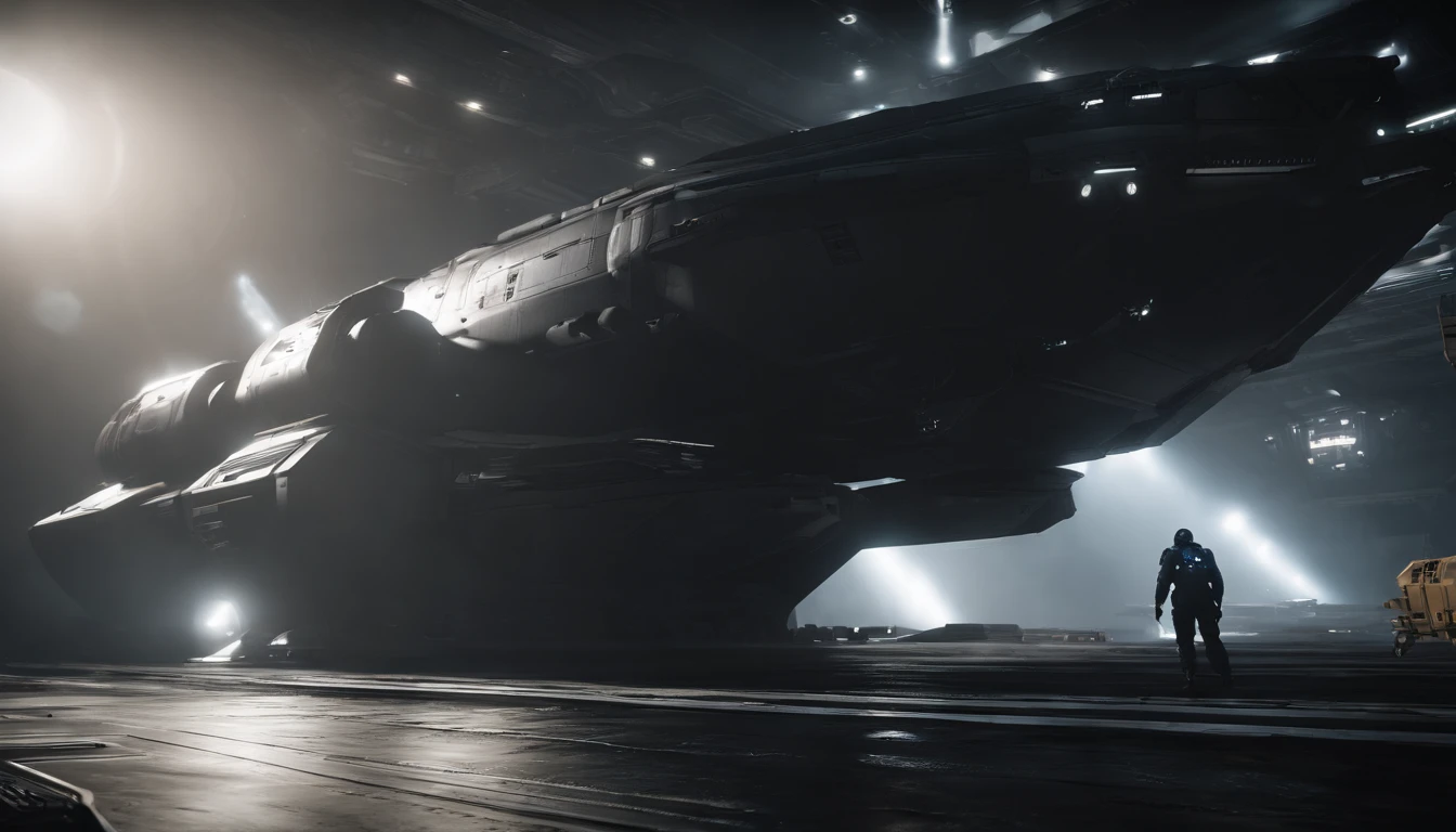 Star Citizen Ship maintenance, white and black themed ship, colossal ship, star fighters,