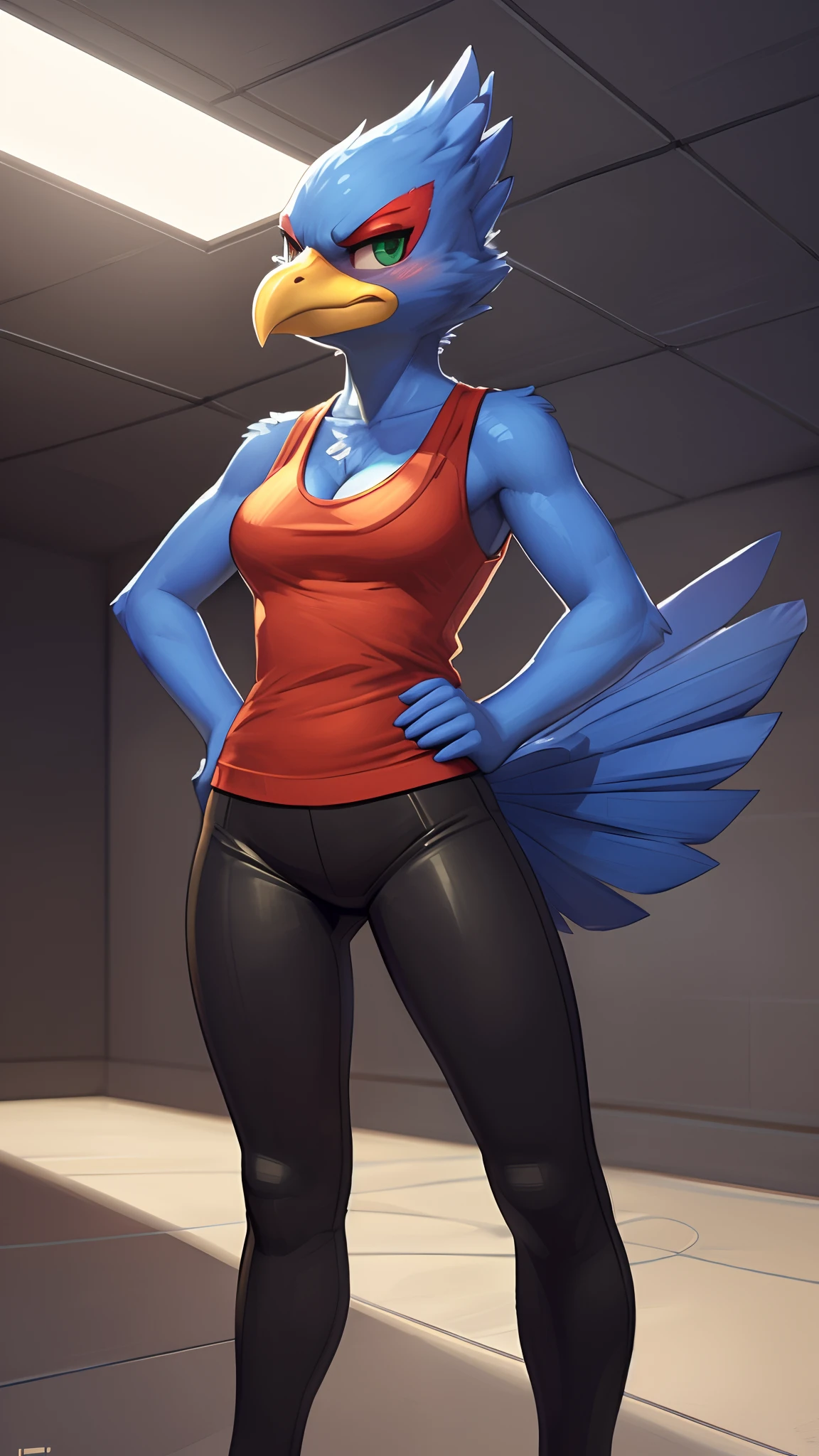 [falco lombardi], [Uploaded to e621.net; (Pixelsketcher), (wamudraws), (fluffkevlar)], [uploaded to twitter.com; (@senip)], ((masterpiece)), ((HD)), ((high quality)), ((solo portrait)), ((full body)), ((furry; anthro bird)), ((detailed feather)), ((detailed shading)), ((beautiful render art)), {anthro; (slim figure), blue feathers, yellow beak, (long blue tail feathers), (cute green eyes), (medium boobs), (gorgeous hips), (beautiful legs), (blushing), (angry), (frown)}, {(red tank top), (cleavage), (black spandex yoga pants)}, {(standing), (hands on hips), (looking at viewer)}, [background; (open room), (metal walls), (ceiling lights), (si-fi), (ambient lighting)]