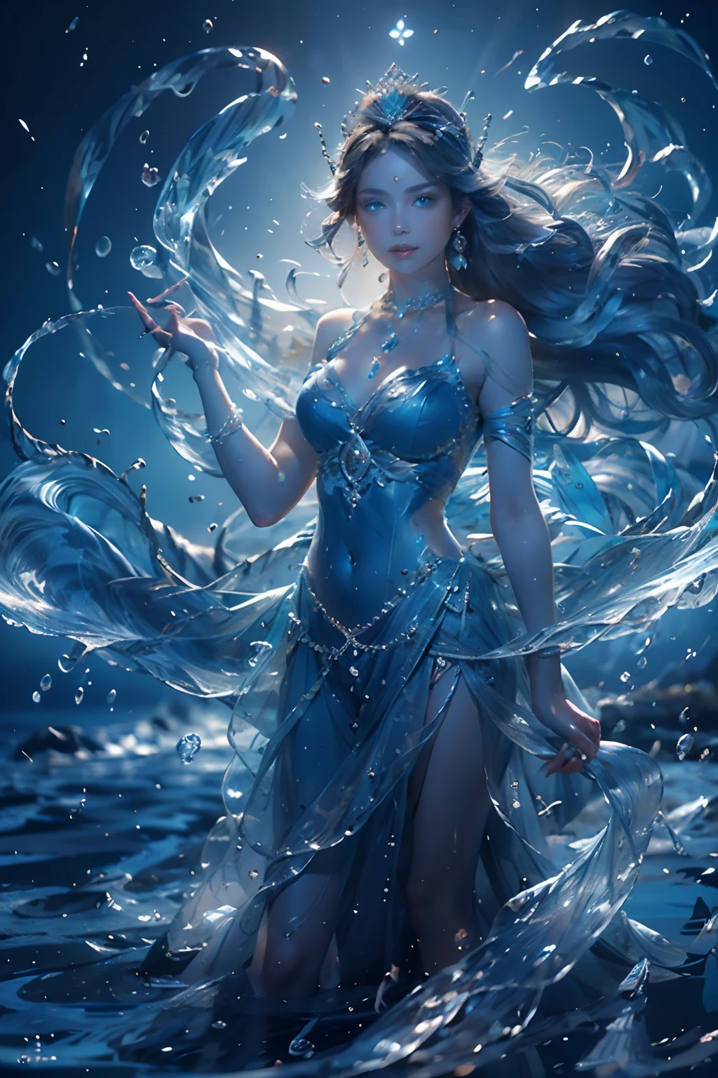 "(masterpiece: 1.2), 8K UHD resolution, Water Goddess, standing ethereal amidst a vast shimmering ocean. Her silhouette merges with cascading waterfalls and fluid streams. Wearing a detailed crown adorned with pearls, and a gown as translucent as liquid silk embellished with sea jewels and corals. In her hand, she holds a trident, a symbol of her dominion over the seas. Her intense, glowing blue eyes capture the essence of the ocean, radiating an inner luminescence that beckons the mysteries of the deep."