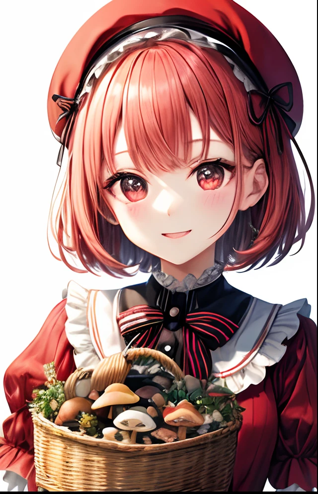 girl with、No background、without background、Background through、Red-haired、Red hair、short-cut、bob cuts、Subject bangs、Aligned bangs、Sareme、drooping eyebrows、Red Eyes、Red Eyes、Eyes sparkle、Sparkling eyes、Red and white uniform、red lolita fashion、beret、White beret、Striped ribbon、Striped pattern、mushroom、Holding a basket of mushrooms、A smile、kawaii、without background