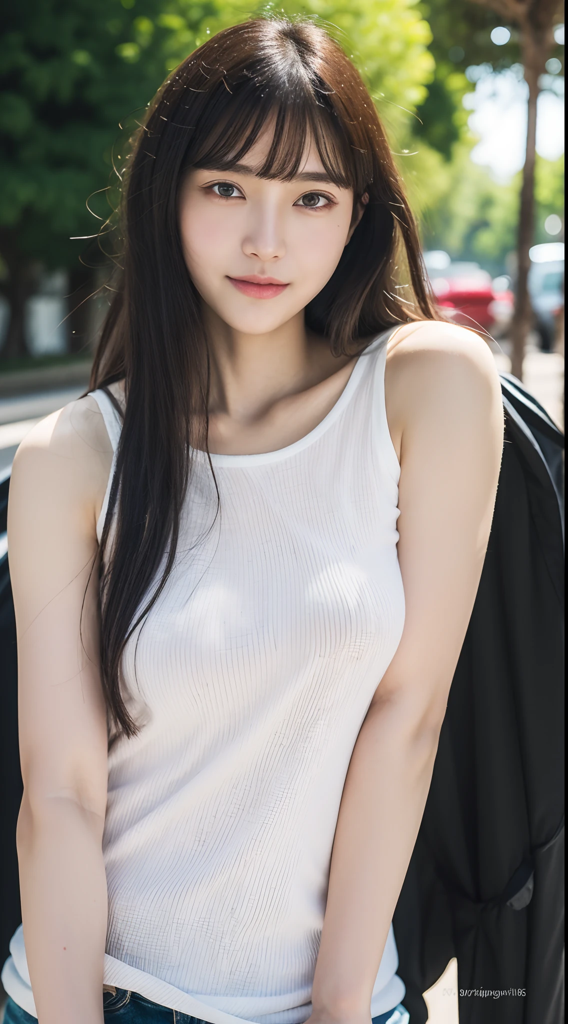 (8K, Raw photo, Best Quality, masutepiece:1.2), Ultra Detail, Super Resolution, (Realistic, photos realistic:1.37), Portrait, high-definition RAW color photography, professional photograpy, highly detailed and beautiful, Extremely detailed, 8K Wallpaper, amazingly detail, Huge file size, Official art, Highly detailed CG Unity 8K wallpapers, highly detailed beautiful girl, Highly detailed face, Highly detailed eyes, highly detailedskin, extremely detailed fingers, highly detailed nose, very detailed detailed mouth , Perfect Anatomy, Highly detailed background, Very detailed clothes, 1girl in, (20:1.2), 20s, Cute Girl, Realistic body,, Fair skin, Glowing skin , Handsome body, Black hair , Short hair, (Blunt bangs:1.2), Smile, Cute, Cute face, Realistic face, Delicate eyes, drooping eyes, earrings, Looking at Viewer, facing front,  contraposto, Dynamic lighting, Huge breasts, Highly detailed park background, (Full body:1.5), Braless、Pose like a model、Posing like a sexy actress