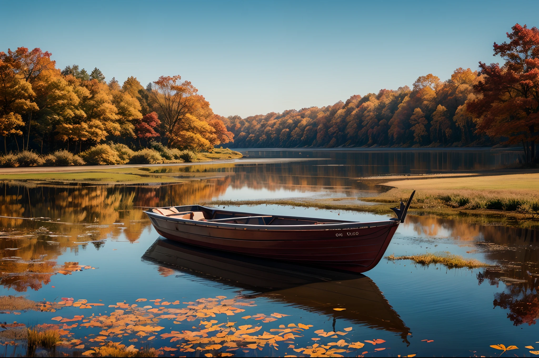 a small boat, floating over a lake, beautiful warm color, middle of nowhere,empty, autumn warm color