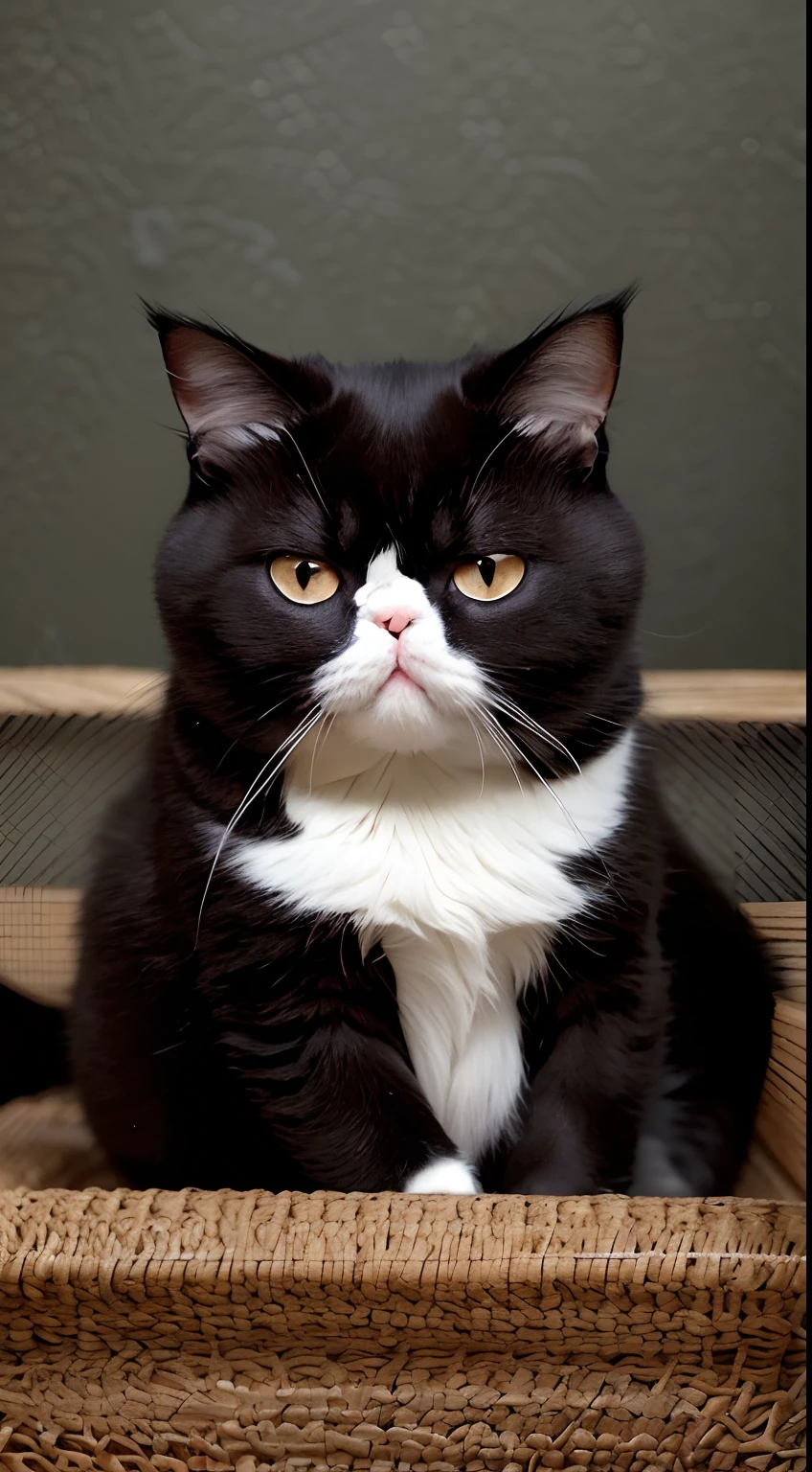 There was a cat sitting in a black box，There is a white wall in the back, exotic shorthair cat, soft but grumpy, Frowning, angry looking, persian cat, angry looking at camera, angry cat, angry look, taken with sony alpha 9, beautiful grumpy girl, looking angry, sad cat, serious and stern expression, Looking confused, Serious face