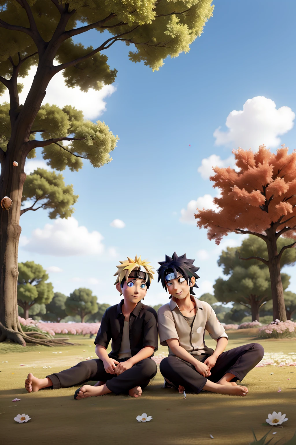 Naruto and Sasuke lying in a field under a tree falling petals