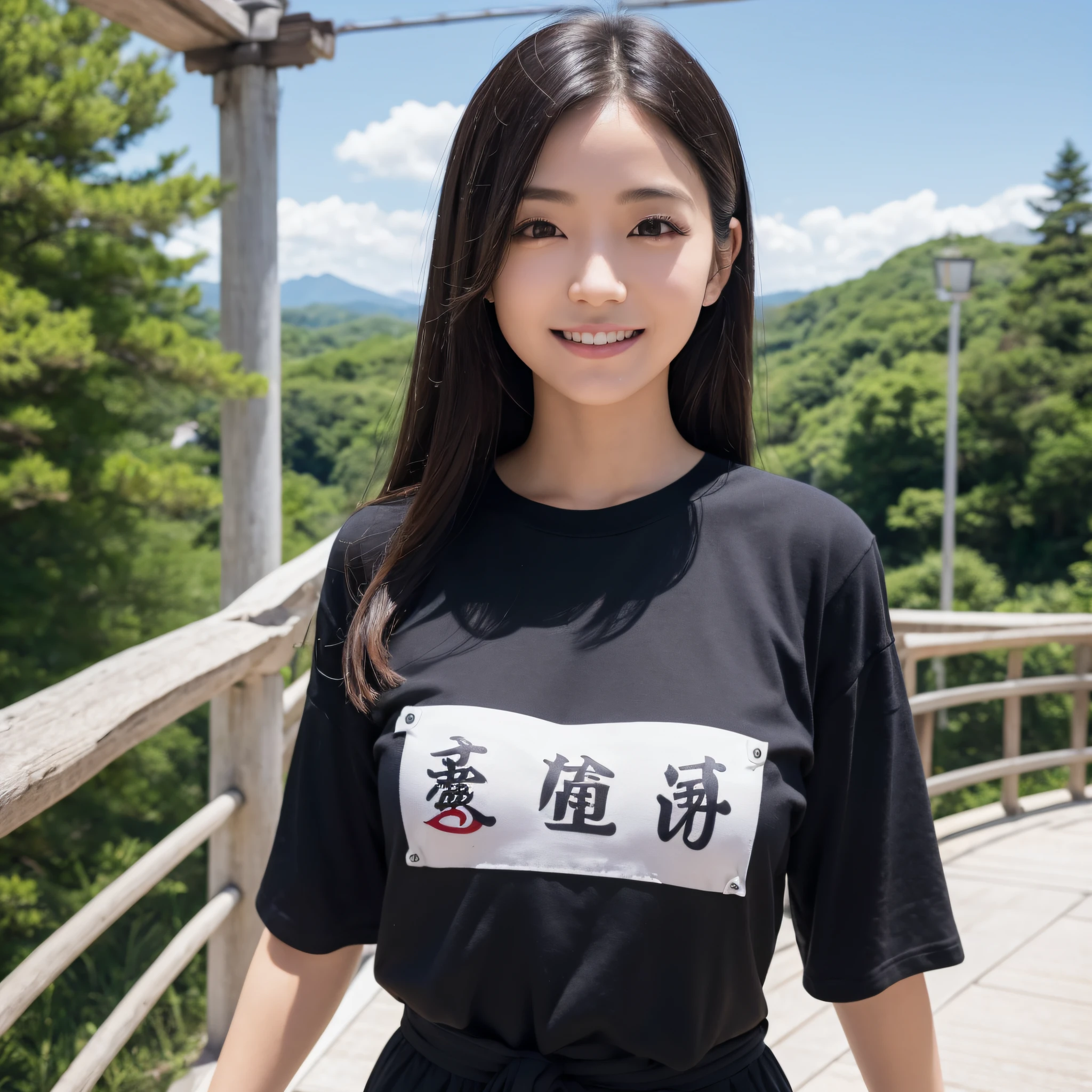 One beauty、((best qualtiy、8k masterpieces:1.3))、foco nítido:1.2、(ultra beautiful faces:1.0)、(shinny skin:1.0)、photos realistic、A dark-haired、Video Lighting、High-definition eyes and face、Video Lighting、Japanese ido、from the front side、medium breasts、Smile、Slender Abs Beauty、Whole body、Wearing a T-shirt with Japan kanji written on it、On a suspension bridge