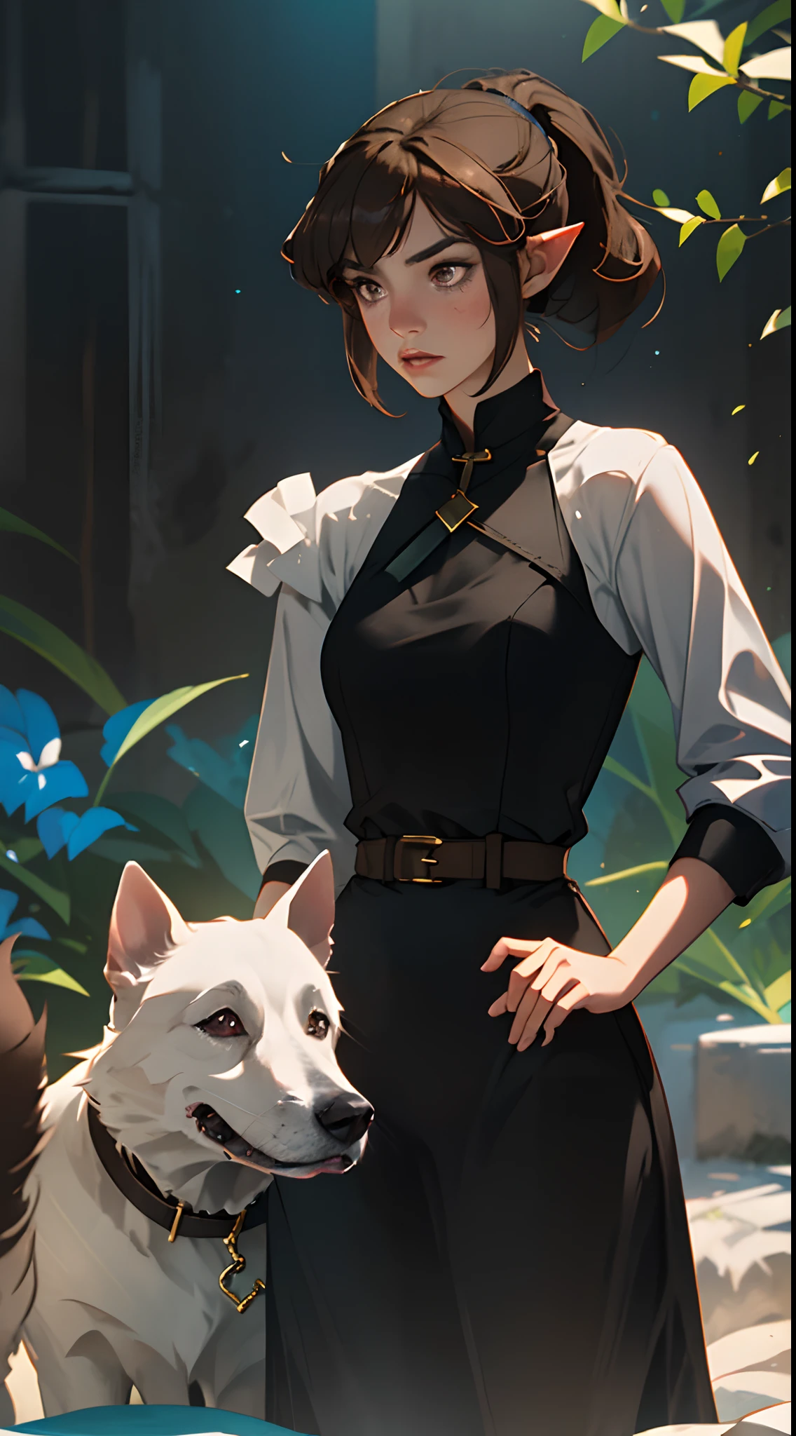 girl with light brown hair in a loose pony tail, next to a black and white dog with pointy ears