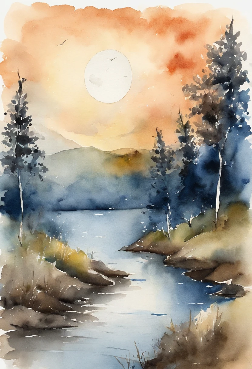 Simple landscape painting，Ancient wind，Around eleven o'clock in the evening，Clouds，themoon，naive，Line watercolor，Star Blue
