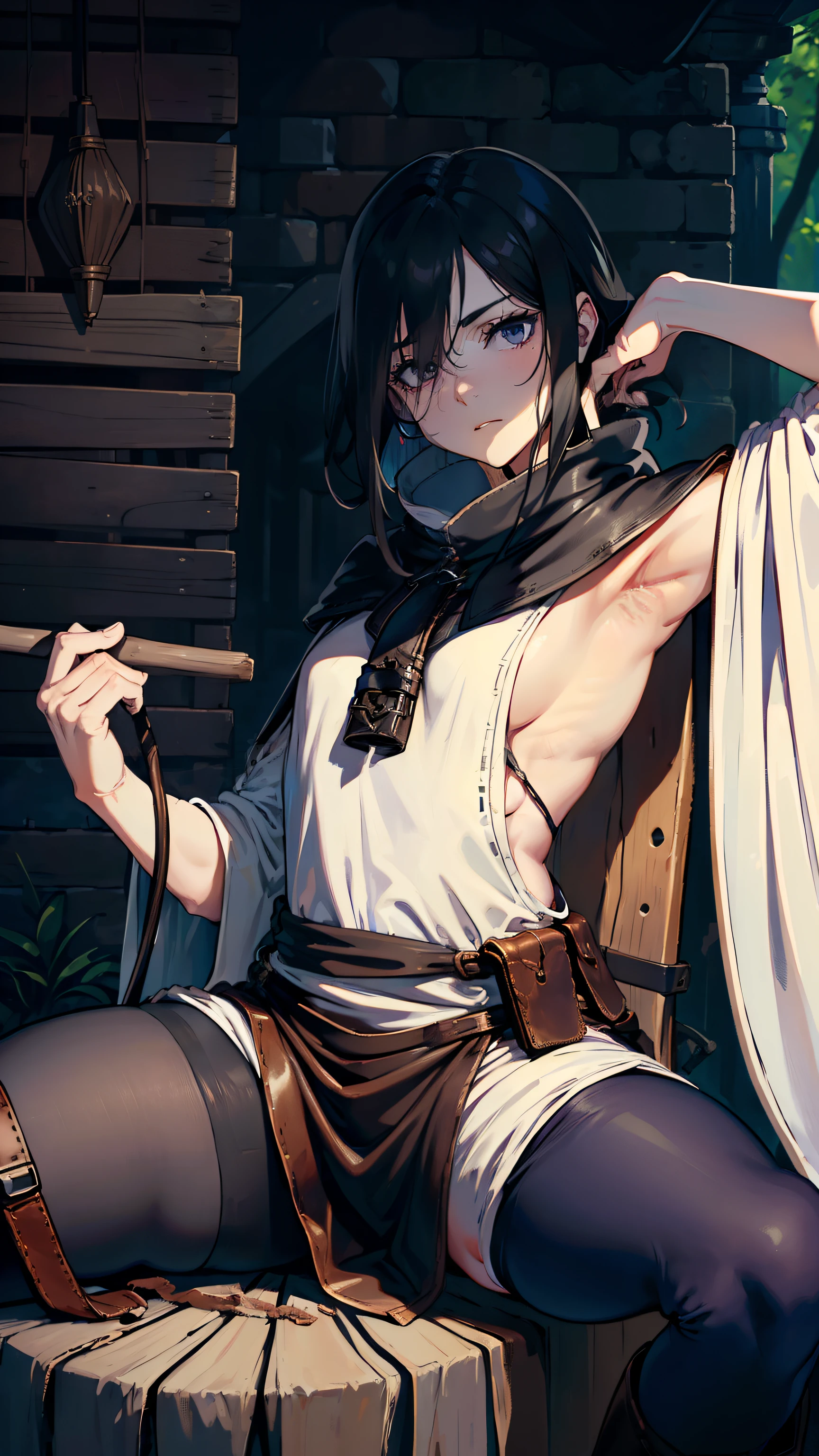 (((((middle woman))))), masterpiece, ultra detailed, 8k portrait, RAW photo, portrait photography, highly detailed face, ((Fantasy)), 1 woman, (((sorcerer))), nervous, (((((hairy armpit))))), (((sitting on chair))), (((((spread legs))))), (((Error-filled face))), 33 years old, (((slutty woman))), (((((odor))))), (((bad smell))), (((blacked small eyes))), (((straight black hair))), ((hide face with long sideburns)), (((white skin color))), (((deep purple tunic and slit maxi skirt))), (((long tattered patchwork cloak))) fluttering in the wind, (((((black pantyhose))), low-rise panties, (((little waist hip pouch))), (((leather boots))))), (((holding a long wood cane))), Midday Sun, hyper realistic, (((flat chest))), big butt, (((thick thighs))), Long legs, in the medieval adventurer's guild, Ambient lighting, Shadow details , Camera focus on thigh, strong breeze, Light fog