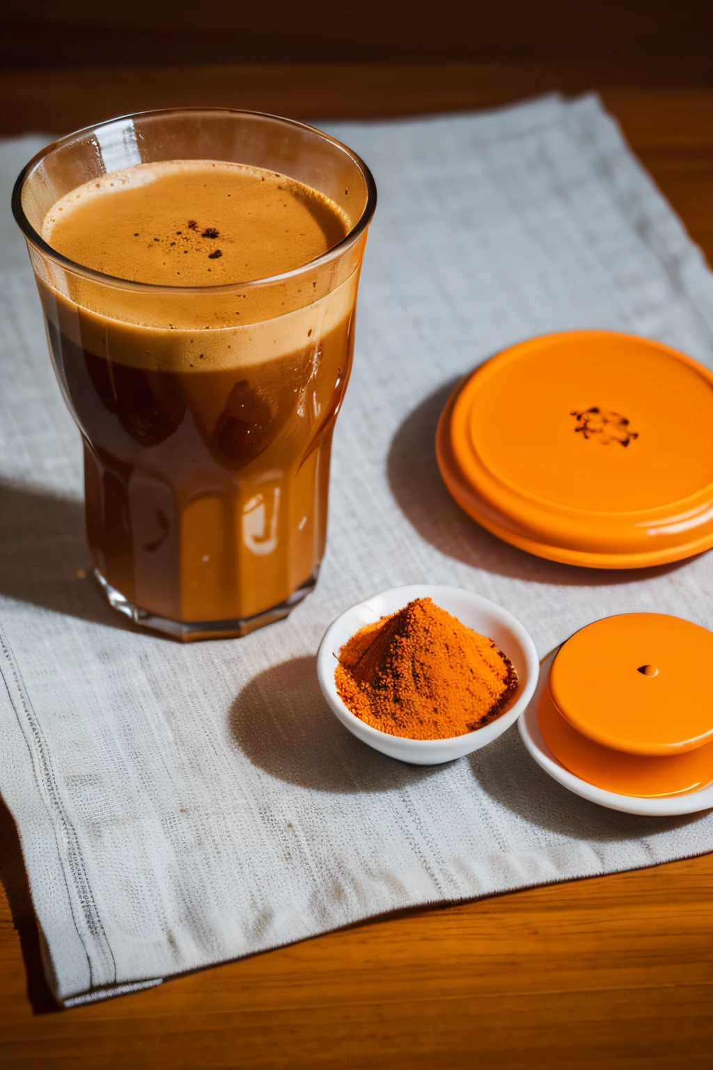 Tea cups and Capsule Coffee or coffee capsules are available. ((orange)) With 2-3 orange Thai tea powder on the table., Commercial Product Photography, Dark tone product photos, High-quality product photography, 4K Product Photography, Thai Orange Tea, Thai Tea Scent, product photography, Professional Product Photography, Amazing product photography, product photo, yummy, Product Design Pictures, professional, Product introduction photos, celebration of coffee products
