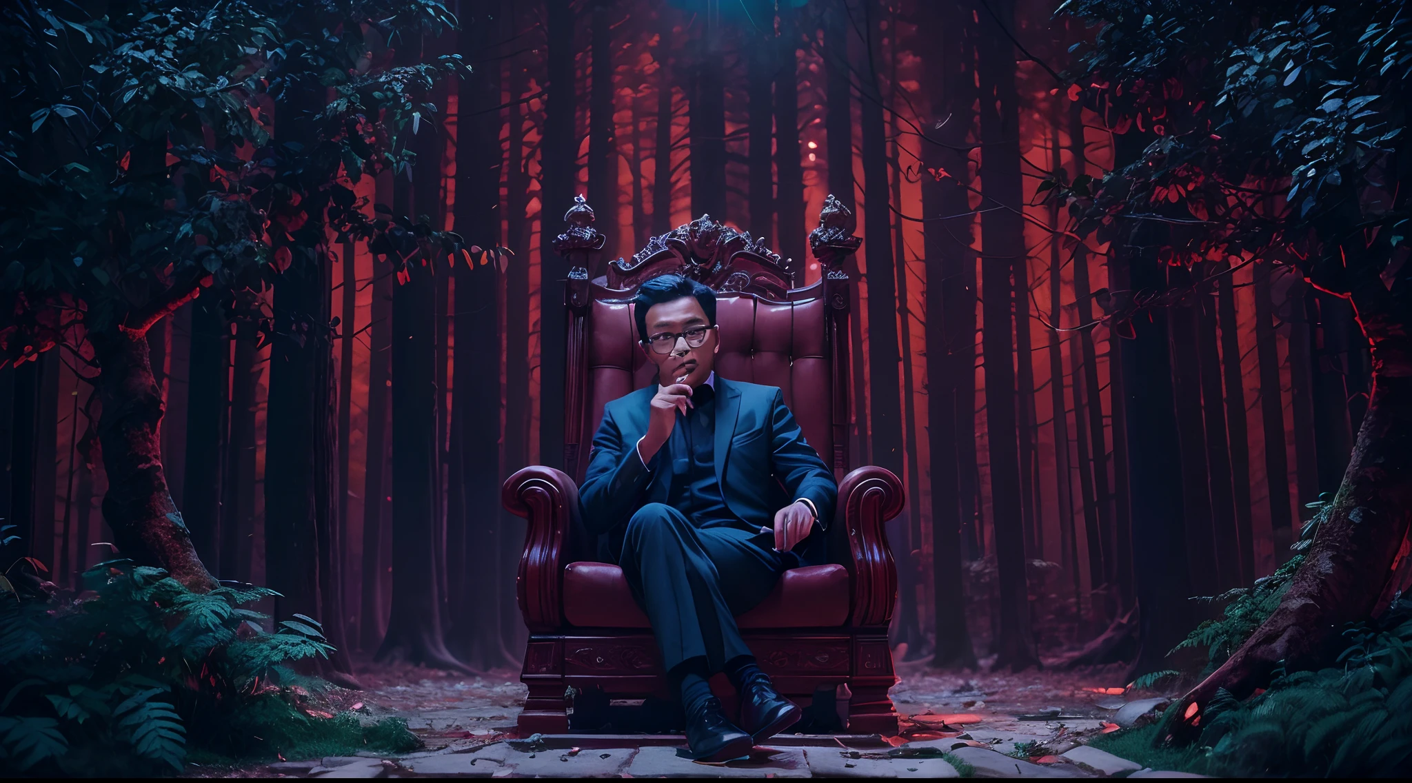 a malay man in dark blue office outfit seat in a throne while smoking cigarettes , dark mood, dark forest, red owl behind him, Prores lense, Low angle shot, Desaturated color grading, rear projection, Tungsten light, Dynamic shadows, indie film, high quality, ultra detail, 8k,