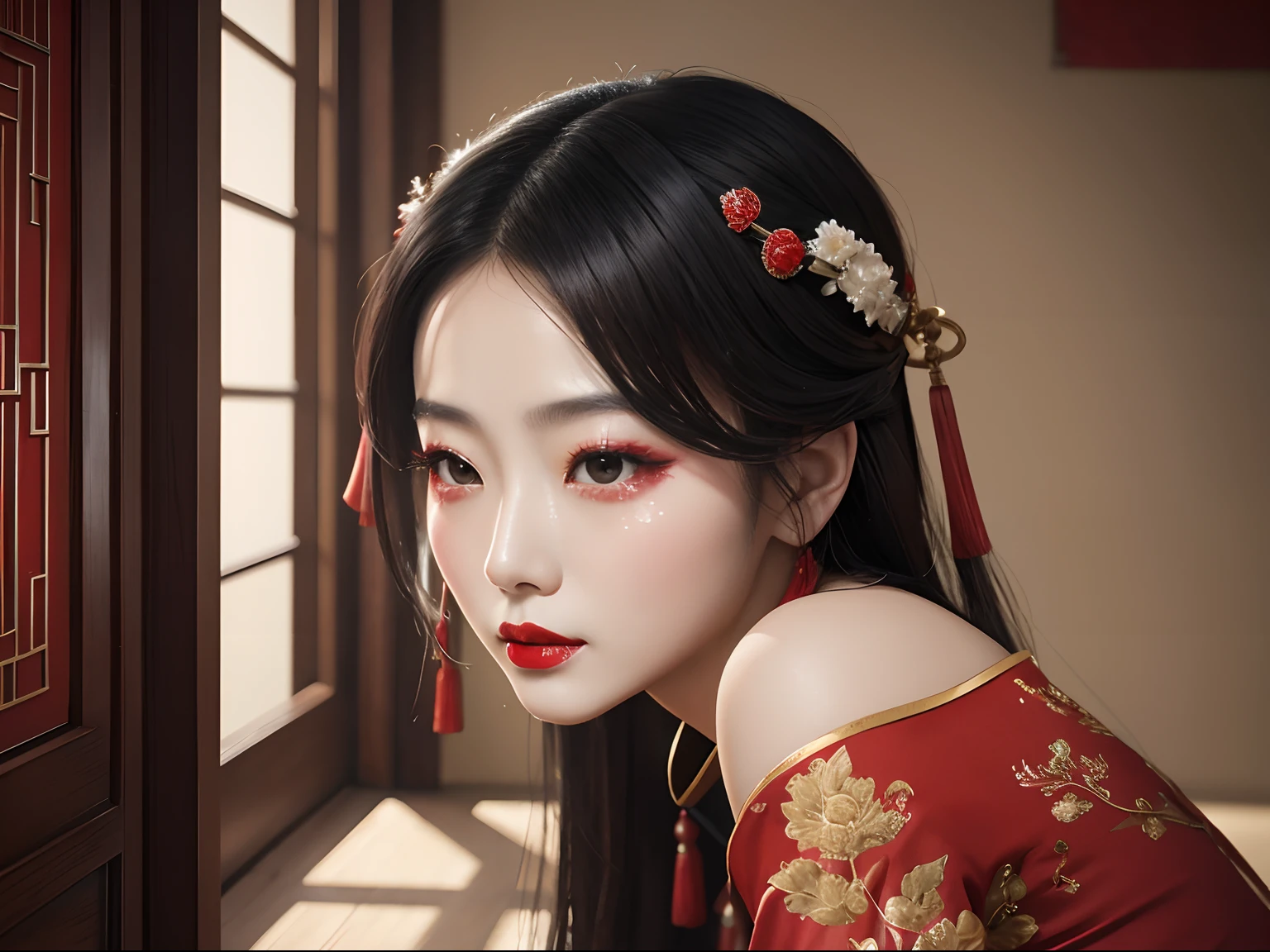 Woman with red lipstick, tearful,inspired by Luo Mu, inspired by Yao Tingmei, 张曼玉, Traditional beauty, Inspired by Huang Ji, inspired by Li Mei-shu, inspired by Park Hua, Inspired by Lan Ying, inspired by Lü Ji, tang dynasty,Masterpiece,Best quality,High detail,