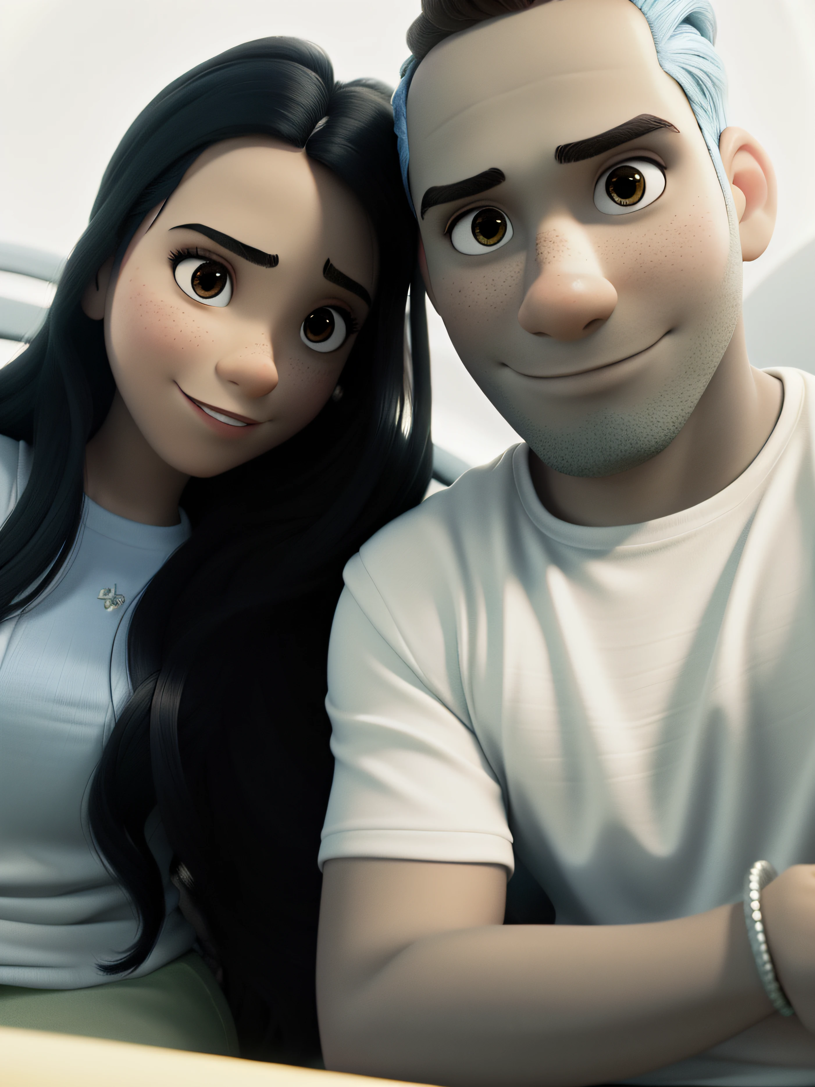 Uma menina morena, um homem moreno, estilo disney pixar, melhor qualidade