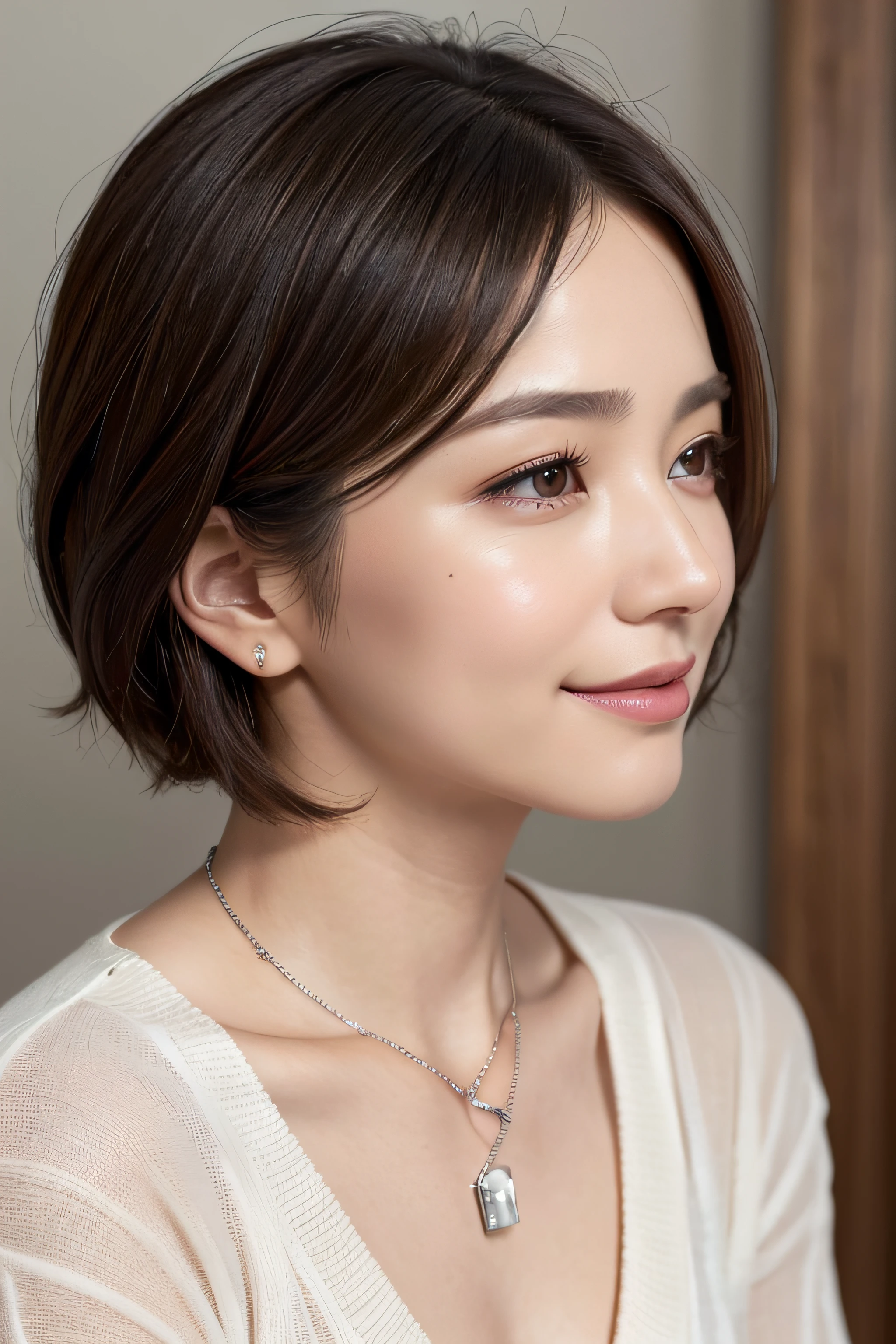 (8K, top-quality, masterpiece:1.3, 超A high resolution, A hyper-realistic), High Detail, (Face like the real thing), Photorealsitic, Raw foto, ((one beautiful women)), Detailed face, beautidful eyes, realisticeyes, Eyes in Beautiful Details, (real looking skin), Beautiful skins, enticing, depth of fields, hight resolution, High pixel count, ((Sideways face, Looking away, Don't look your audience in the eye, Don't look at the camera)), fashionable cafe, The background is also in the picture, clear details, sharp photo, Natural color reproduction, Noise Reduction, High fidelity, Small pendant in silver color, A small necklace in silver color, (Wine-colored light knit U-neck shirt, Neat and clean clothing, Clothing that makes it difficult to see the chest, Clothing that does not emphasize the chest), small tits, Sexy lips, Ears are visible, a smile, kindly smile, Beautiful skins, enticing, the golden ratio, (Detal Face:1.2), profetional lighting, Lighting the face, best light, japanes, A Japanese Lady, Short Bob Hair, ((45 yers old, Beautiful, Wrinkles on the face, Wrinkles at the corners of the eyes, Small wrinkles, Beautiful, Beautiful Aunt, Moderate moles, Small mole on the face, Wrinkles in the nasolabial folds))