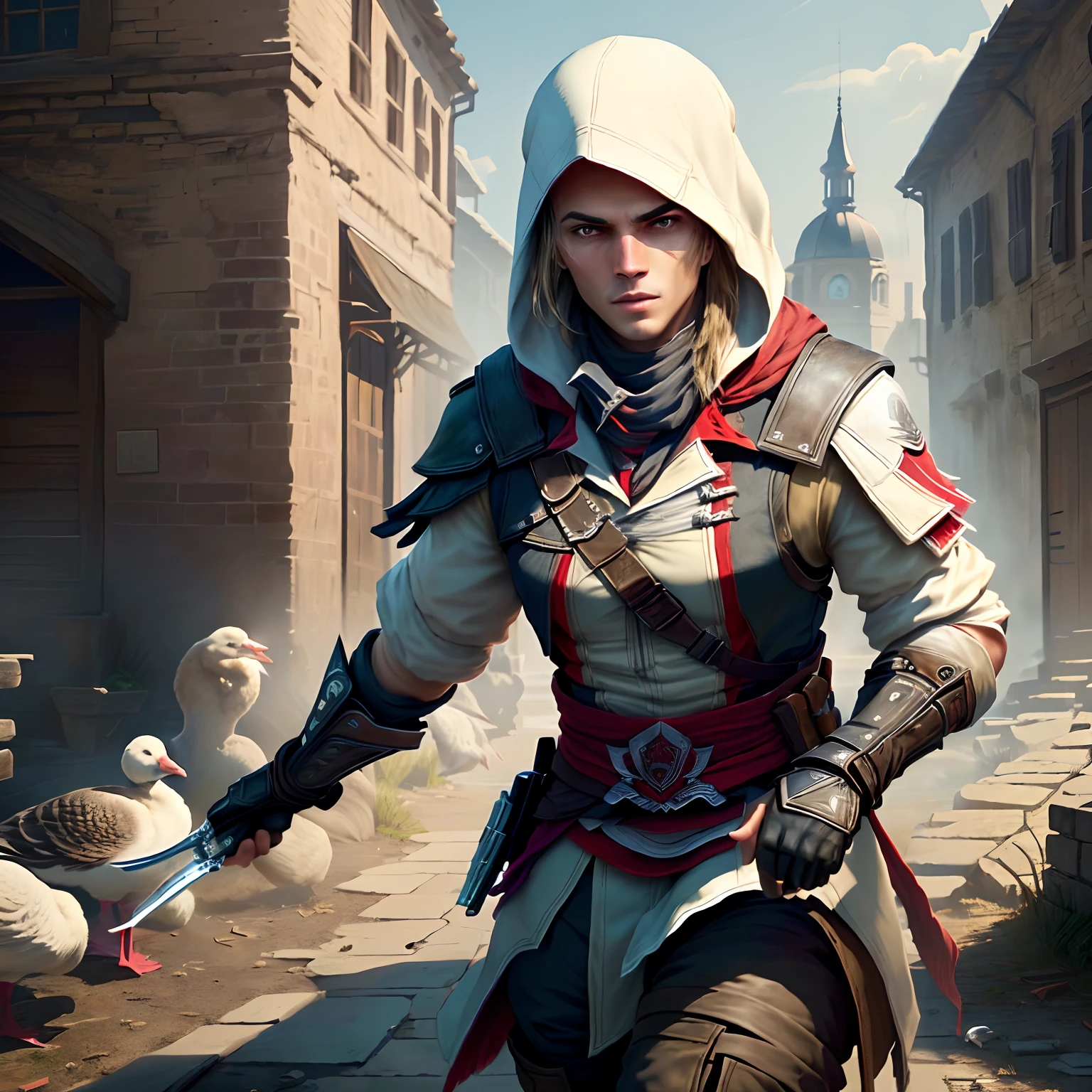 a youtube thumbnail of a goose as a assassin from assassin’s creed