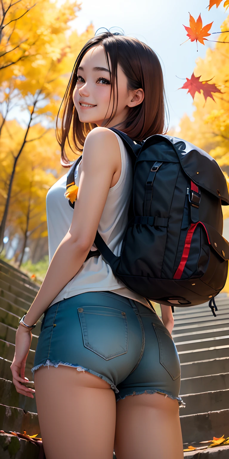 top-quality、Top image quality、masterpiece、Close-up looking up from below、 girl、mountaineering、Back view wearing light shorts、Backpack and climb the slope、(Colored leaves、A sexy、Face smile、Face Real