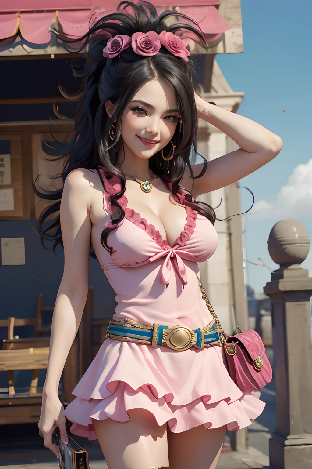 nsfw,Colossal tits,deborah,Hair Flower, Featherboa, Pink dress, Belt bag, high-heels,evil smile,High laughter,Top image quality,Best Quality