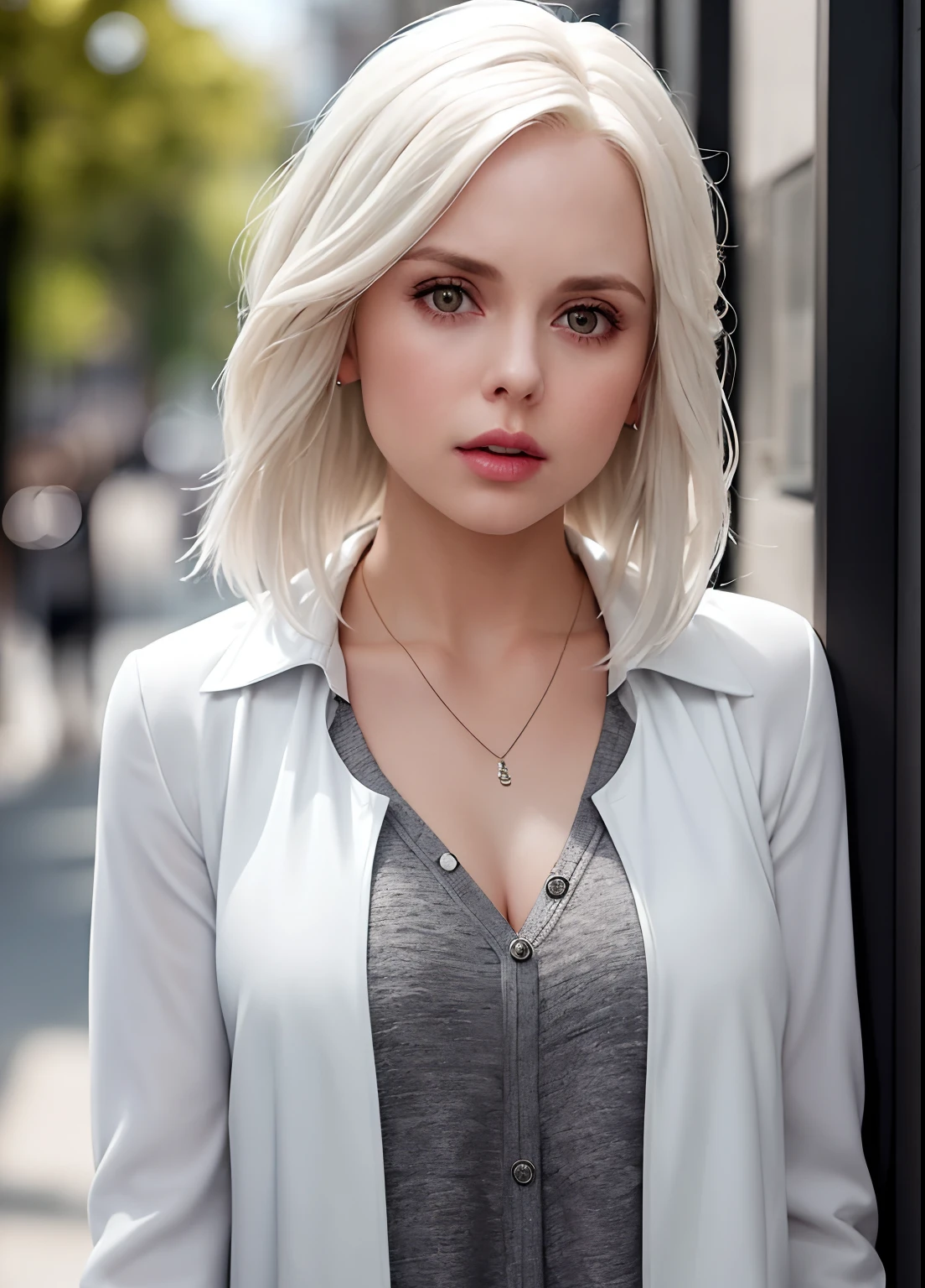 liv moore, 1girl, solo, blonde hair, white hair, jewelry, jacket, necklace, parted lips, blurry, realistic, upper body, blurry background, shirt, looking at viewer, open jacket, meme, open clothes, grey shirt, long hair, lips