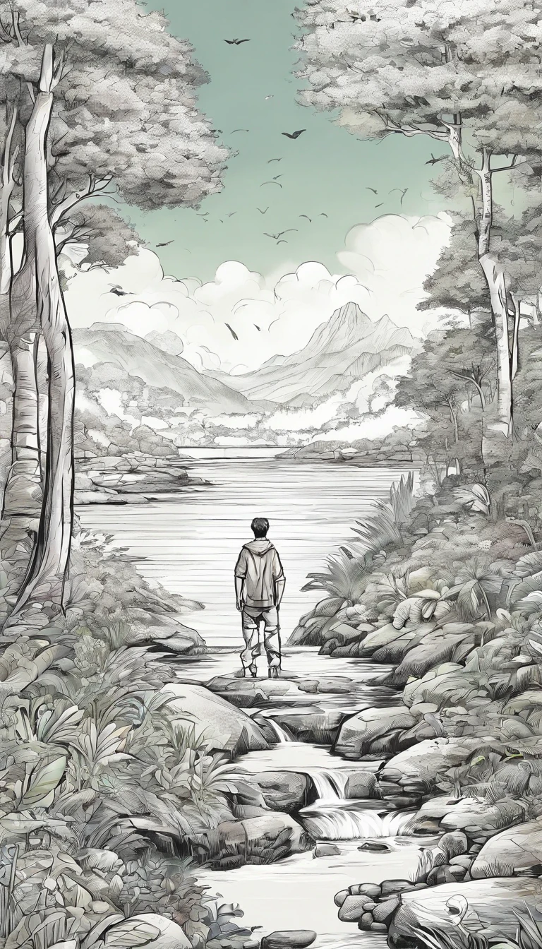 A commercial illustration with a good part in black, branco e azul-claro, There's a very blue river, mas pequeno, em uma floresta cheia de folhas na cor verde-claro, with stones and the floor with neutral colors, Standing out on the small river passing next to a hill. The setting is a forest with a very rustic style. The forest is natural in its own way, com morro bem abaixo em qual possui um oceano bem azul e grande. The image should have a natural style with fine strokes and neutral colors, A touch of manga. O rio deve ser retratada em detalhes, with his expression demonstrating strength and determination in his life. A imagem deve ser em preto e branco com alta qualidade, with a pencil and ink caricature drawing style, com cores neutras e leves. Certifique-se de que o rio esteja com aspectos extremamente realistas, but not artificial, symbolizing happiness and hope in the face of life's challenges.", 16k