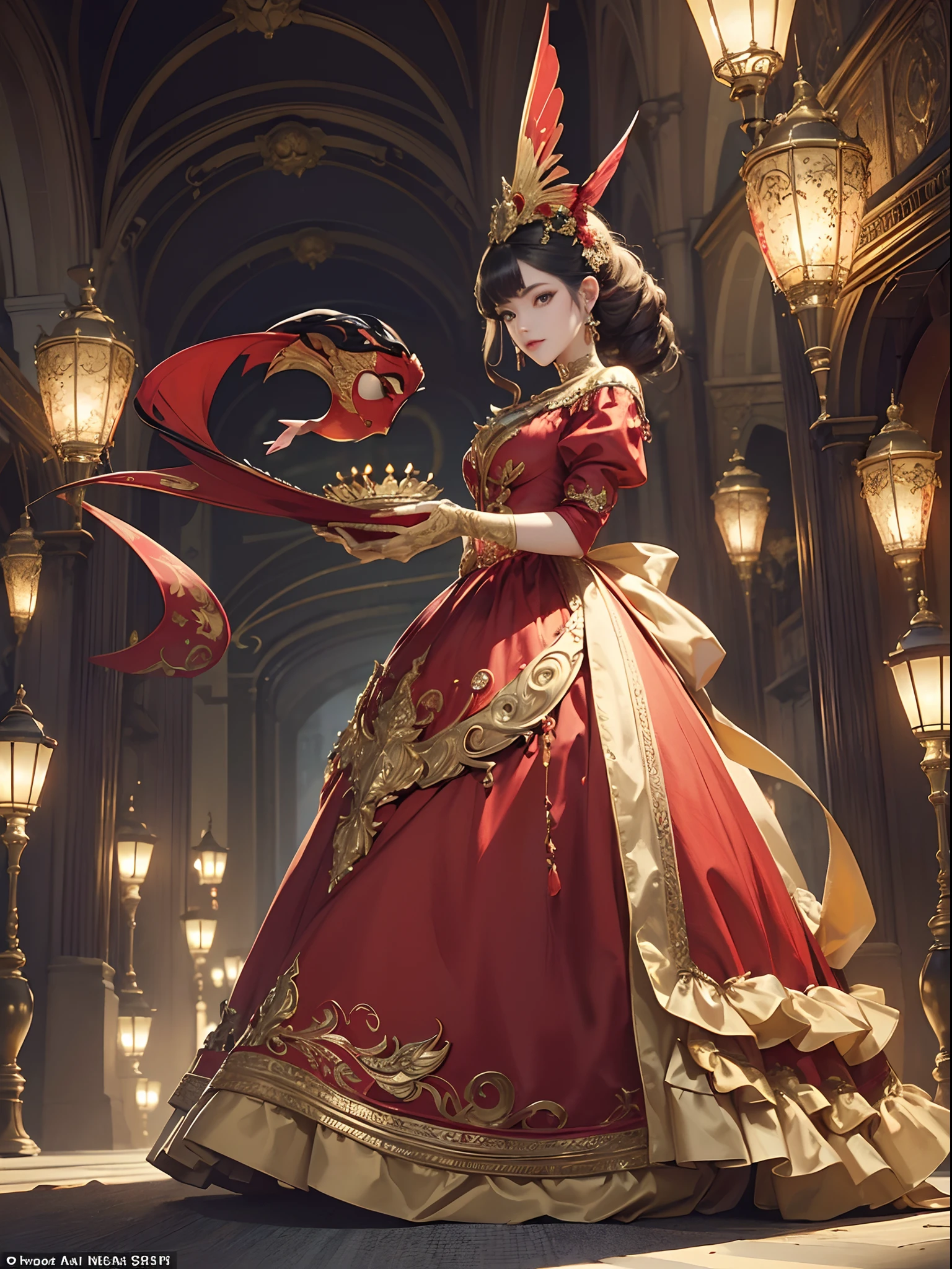 Red and gold tones、Vibrant colors、((masterpiece)))、(((top-quality)))、((ultra-detailliert))、(A hyper-realistic)、(highly detailed CGillustration)、Official art、Madrid at the beginning of the 20th century、Decadent、Madame Papillon、Masquerade、Elegance、Masks that cover most of the face、Colorful and detailed mask design、matchless beauty、Fans、gorgeous dress、jewely、Perfect Angle、perfect-composition、Turn left、full body Esbian