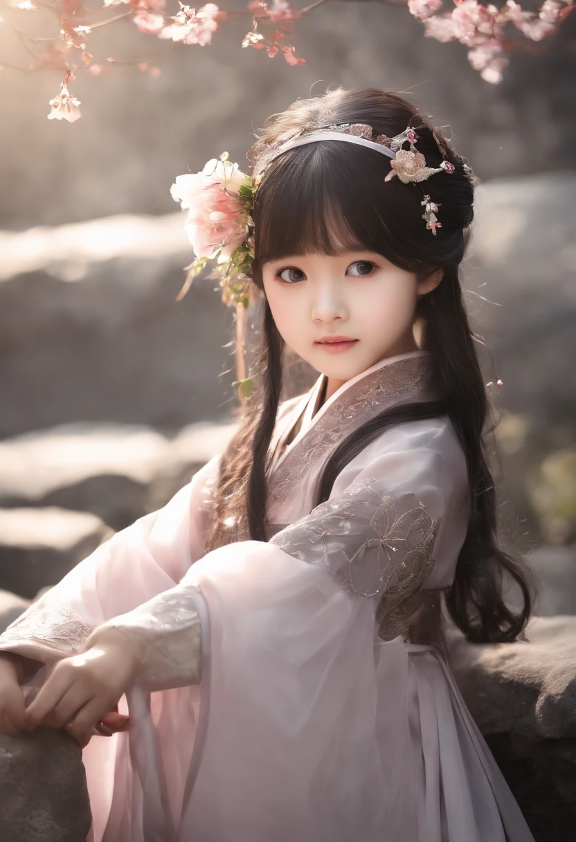 (: 1.5), lace, ribbon, Hanfu, (masterpiece, Side light, Beautifully and beautiful gray eyes: 1.2), masterpiece, actual, glowing eyes, shiny hair, black hair, long hair, skin shiny, alone, Awkward, Strapless, Beautifully, beautiful, garden, flowers, fluttering petals,