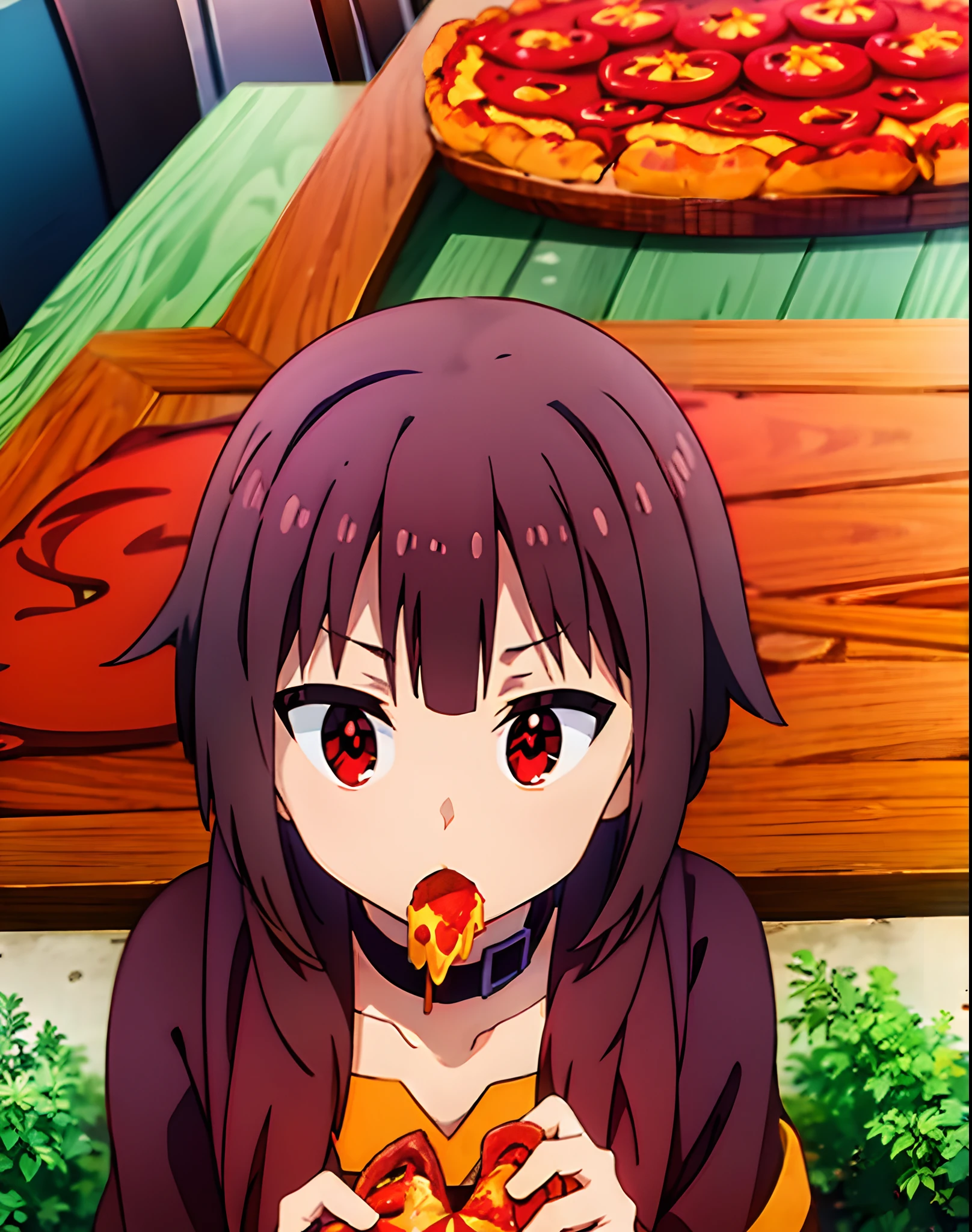 Megumin, red eyes, fundo noturno, Lua, comendo pizza