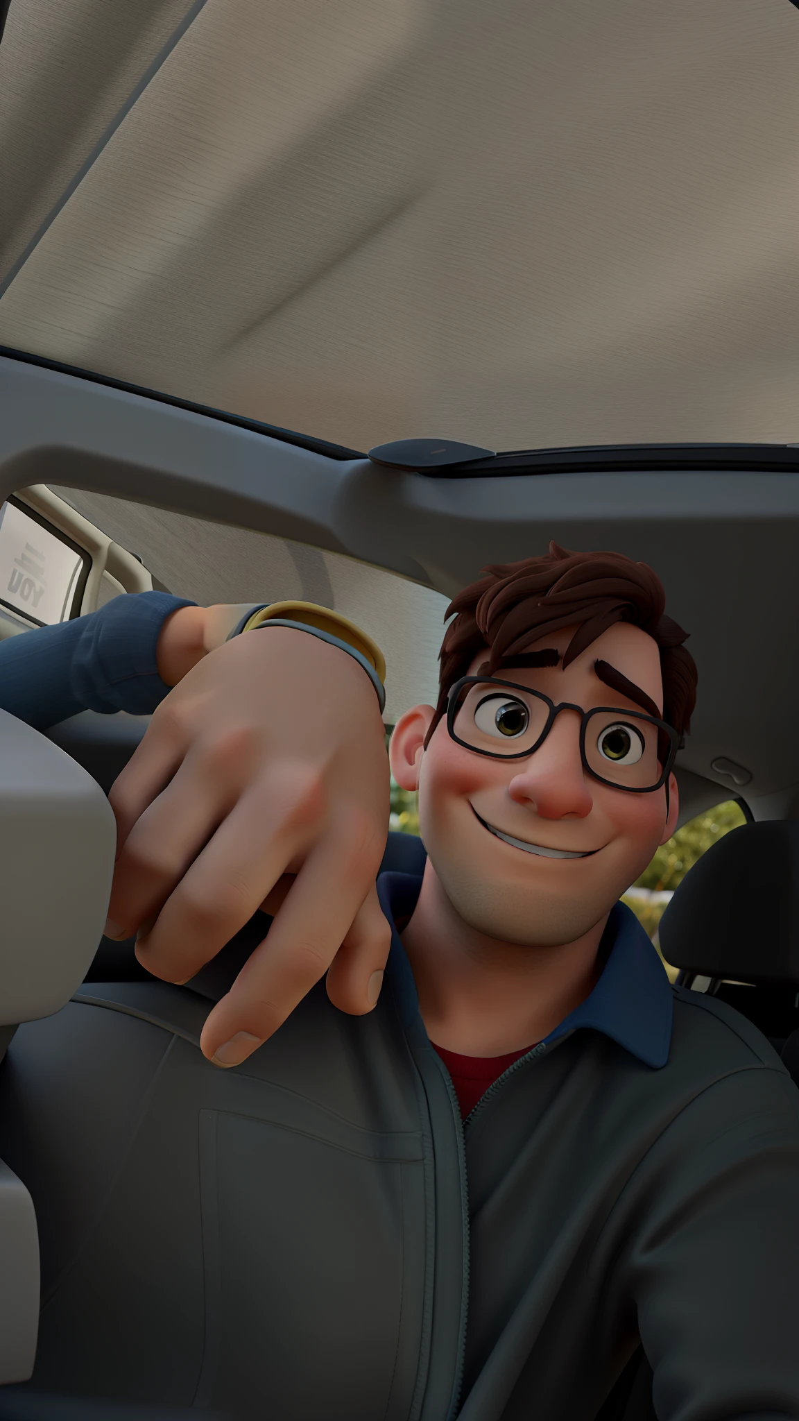 Um homem jovem no carro num dia chuvoso, Disney pixar, 3d, melhor qualidade, alta qualidade