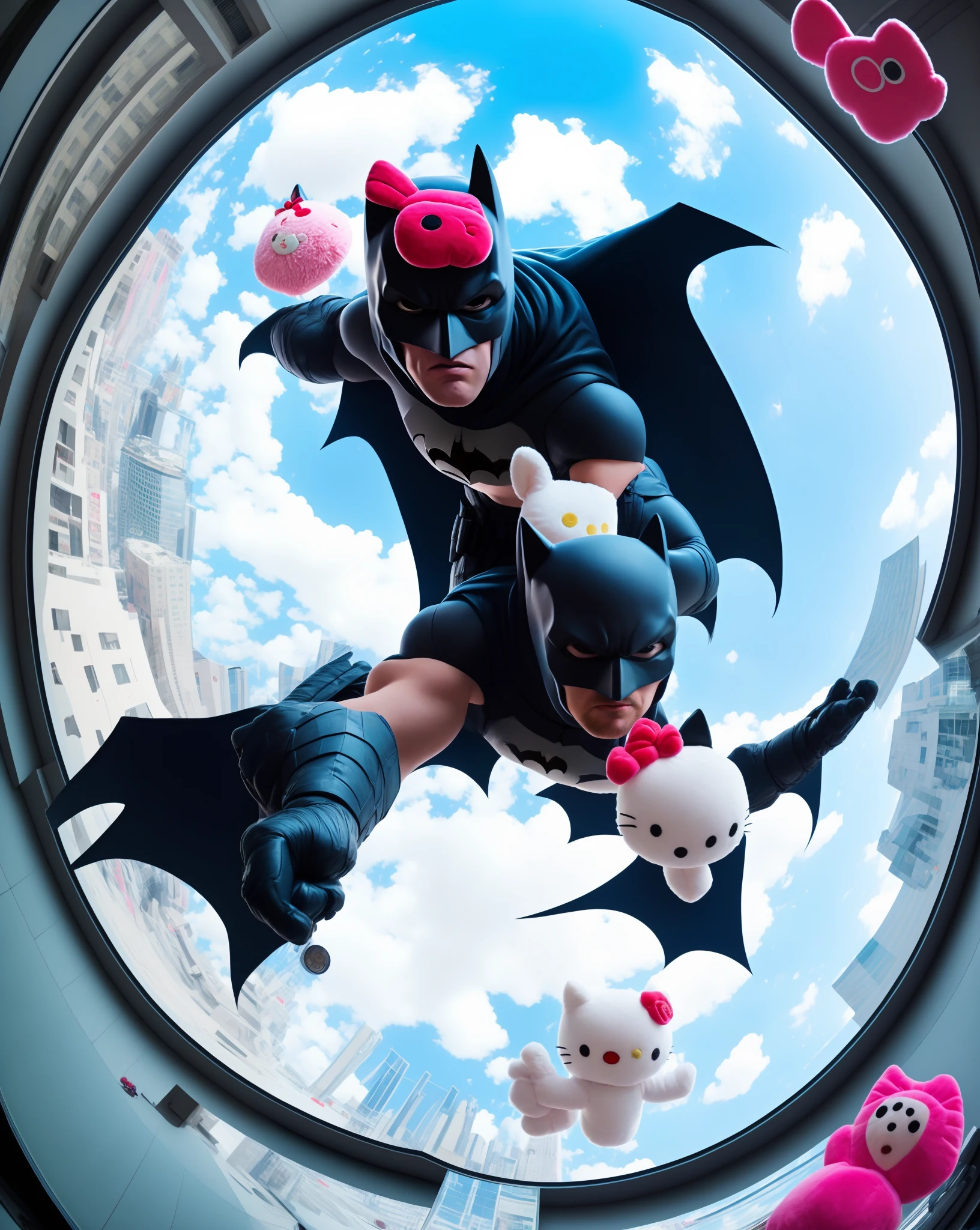 Batman holding hello kitty plush with a fisheye lense in an elevator