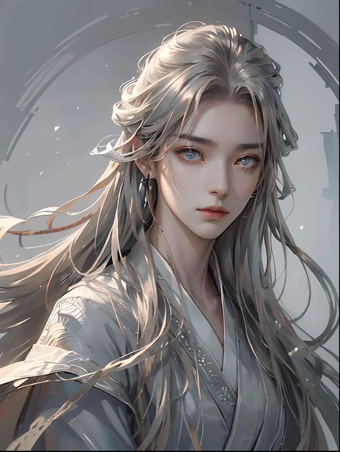 (Extremely Delicately Beautiful:1.2), 8K, (tmasterpiece, Best:1.0), , (Long_Silver_Hair_Male:1.5), Upper body body, A delicate facial feature,A man with crimson eyes, Enchanting face,Men are cool and seductive, Blackened,demoness,Evil_Gaze, Wear red Hanfu, and intricate detailing, and intricate detailing, finely eye and detailed face, Perfect eyes, Amber eyes, Fantastic lights and shadows、white room background、 Uses backlight and rim light