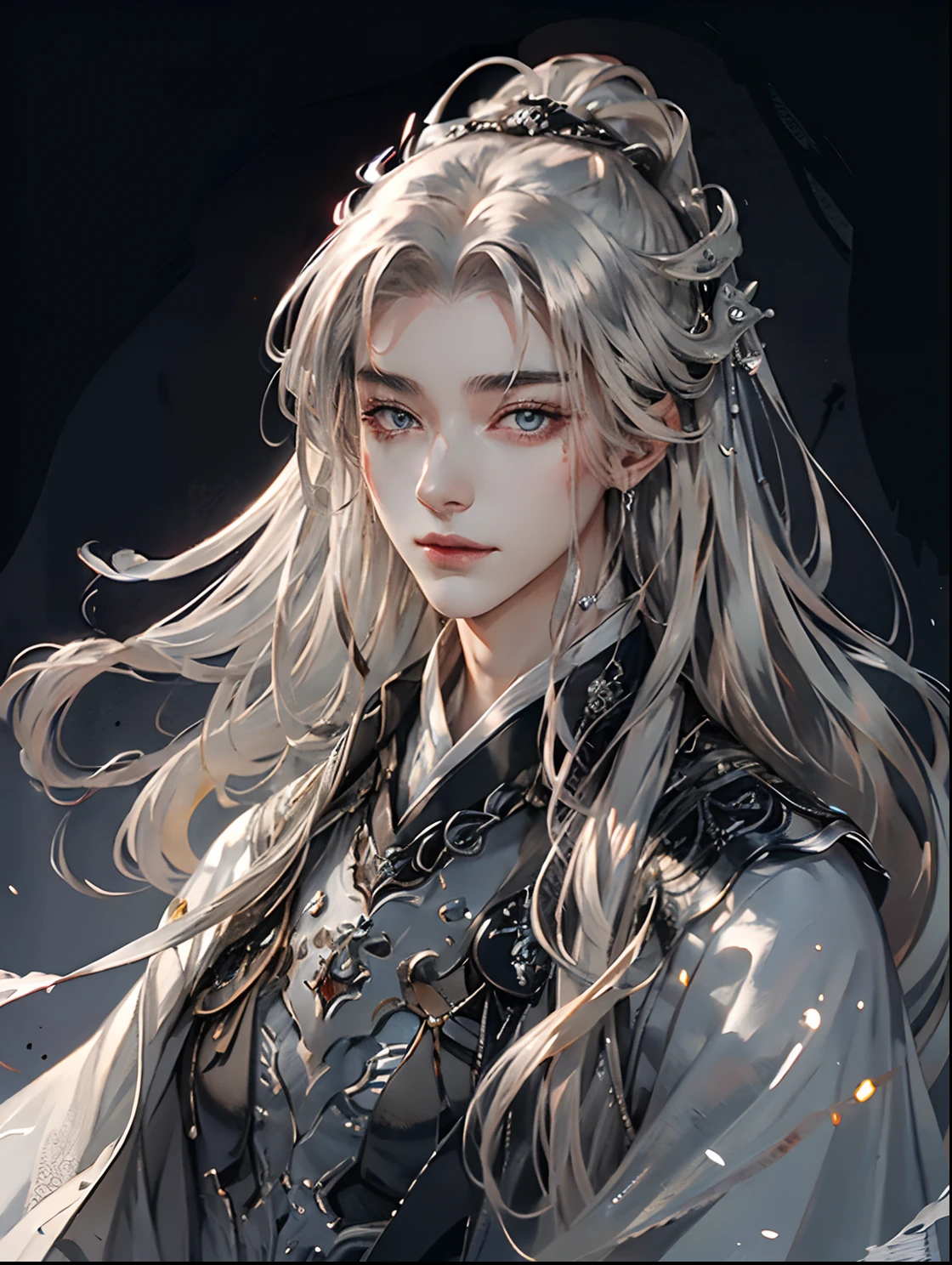 (Extremely Delicately Beautiful:1.2), 8K, (tmasterpiece, Best:1.0), , (Long_Silver_Hair_Male:1.5), Upper body body, A delicate facial feature，A man with crimson eyes, Enchanting face，Men are cool and seductive, Blackened，demoness，Evil_Gaze, Wear red Hanfu, and intricate detailing, and intricate detailing, finely eye and detailed face, Perfect eyes, Amber eyes, Fantastic lights and shadows、white room background、 Uses backlight and rim light